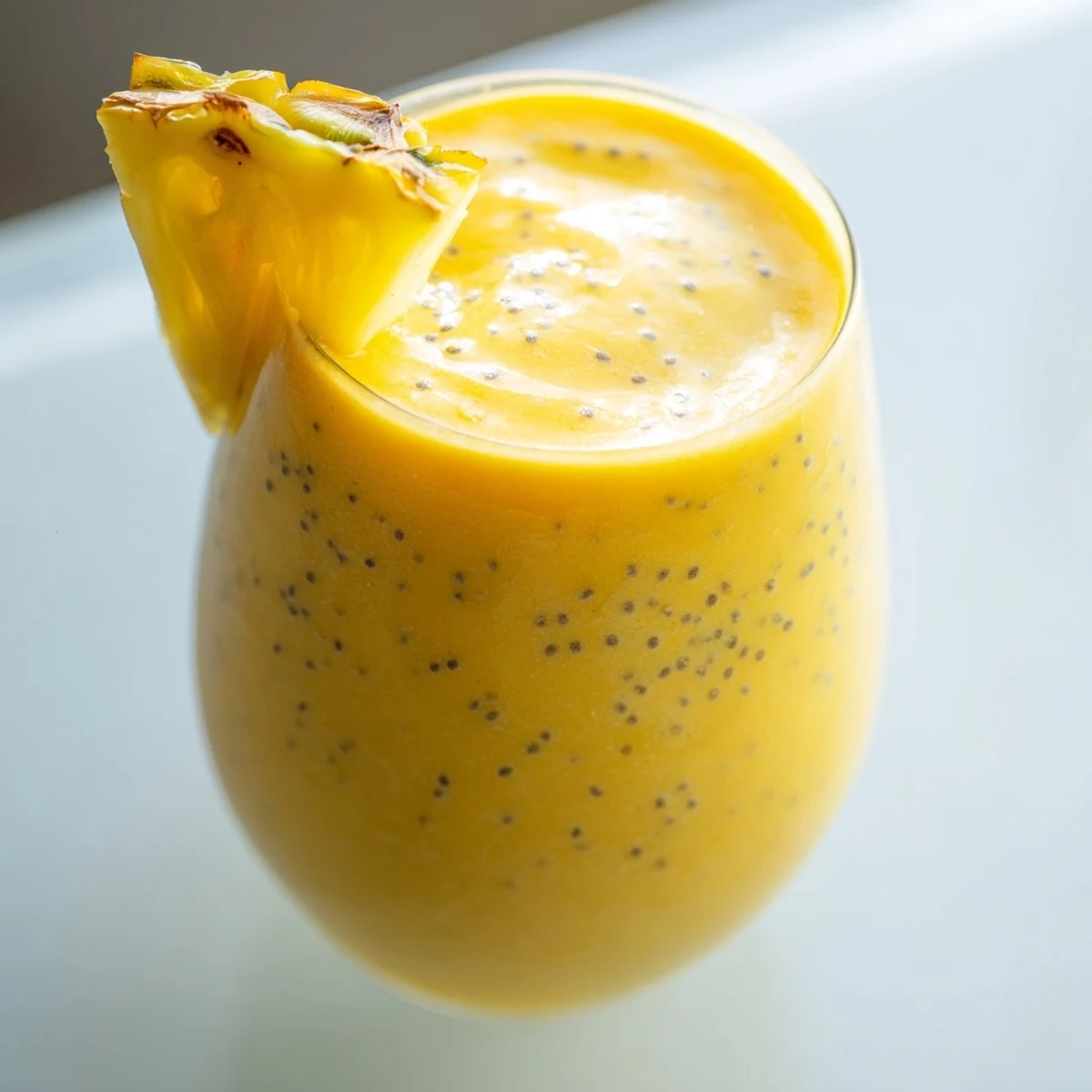 Golden Tropical Pineapple Mango Smoothie Recipe served in a tall glass with fresh fruit garnish