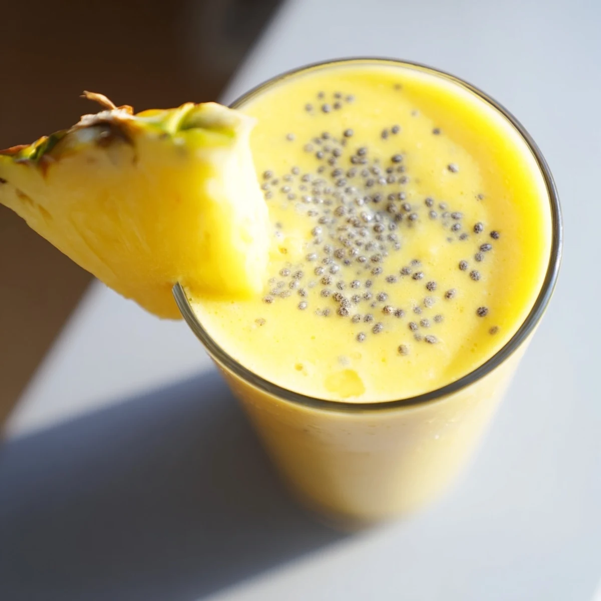 Refreshing Tropical Pineapple Mango Smoothie Recipe with mango slice and pineapple wedge on glass rim