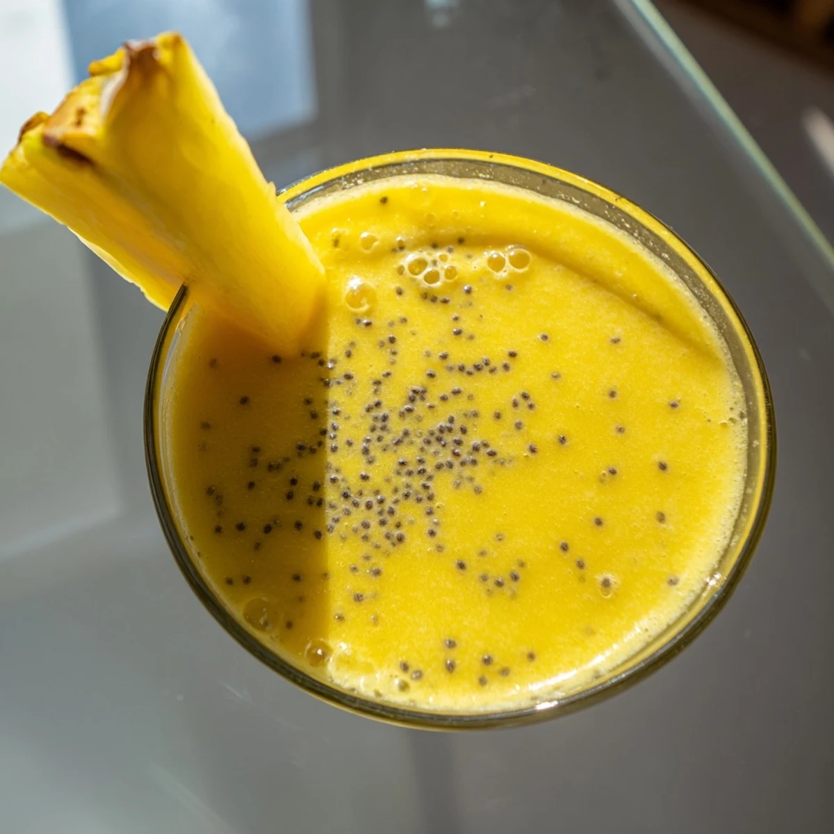 Creamy blended Tropical Pineapple Mango Smoothie Recipe showcasing vibrant yellow-orange colors in clear glassware