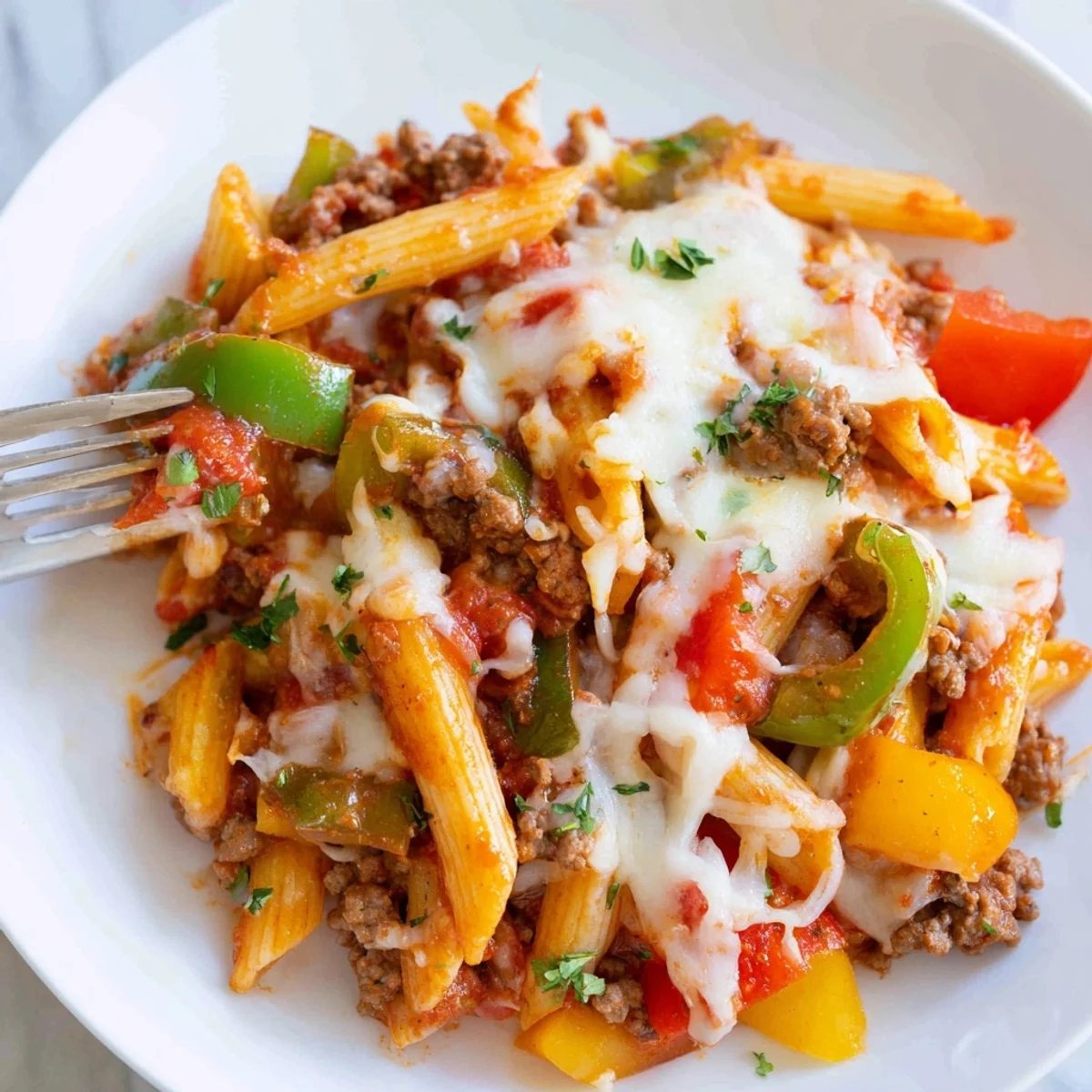 Cheesy Stuffed Pepper Skillet Pasta bubbling with melted mozzarella, colorful bell peppers  