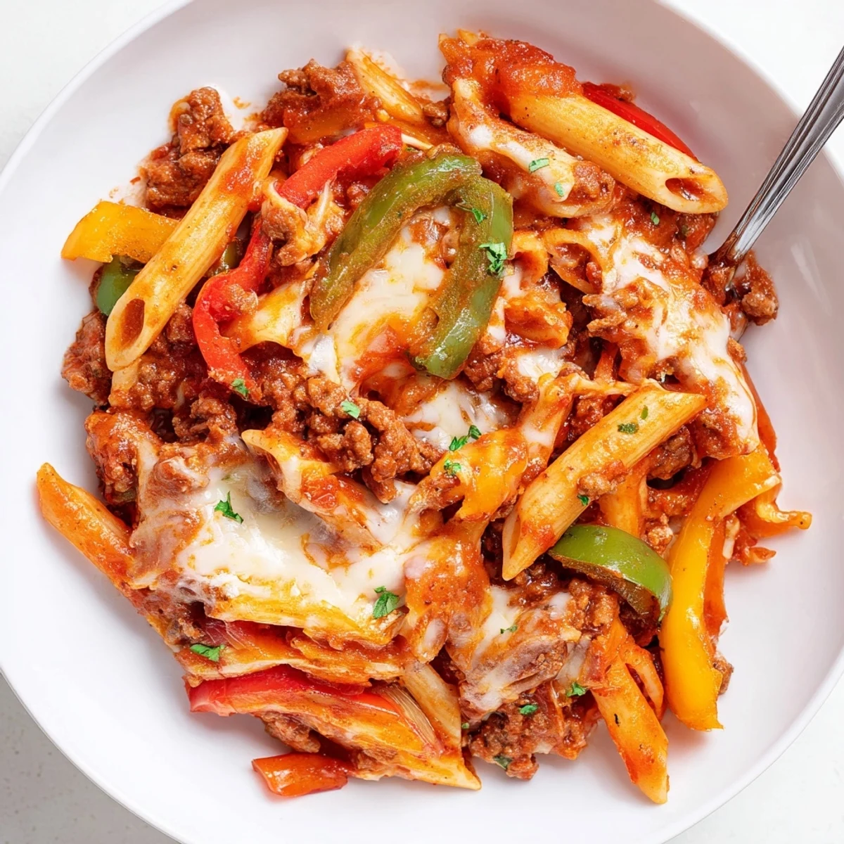 One-pan Cheesy Stuffed Pepper Skillet Pasta with browned beef, fragrant tomato sauce  