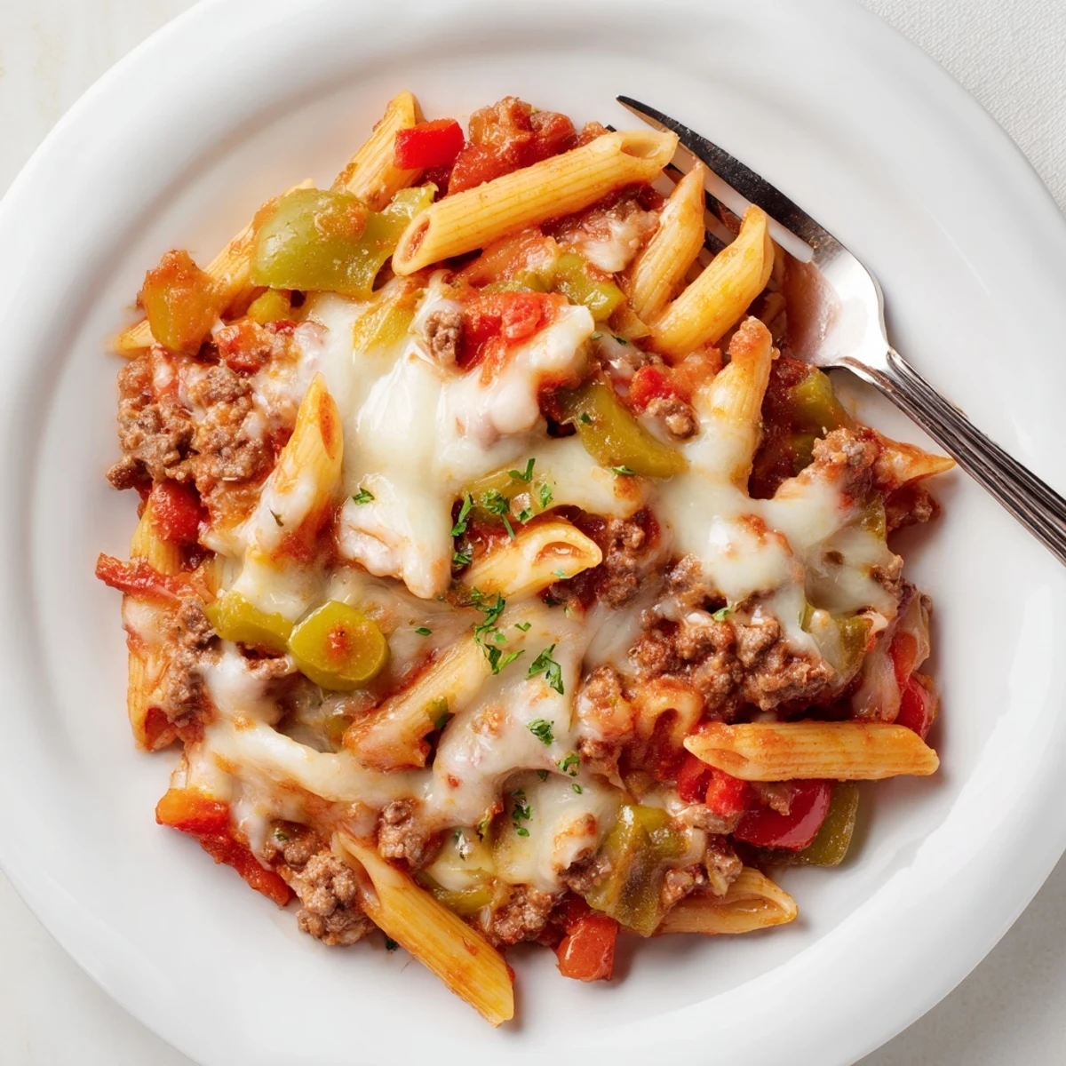 Fork-ready Cheesy Stuffed Pepper Skillet Pasta served hot, gooey cheese, fresh basil