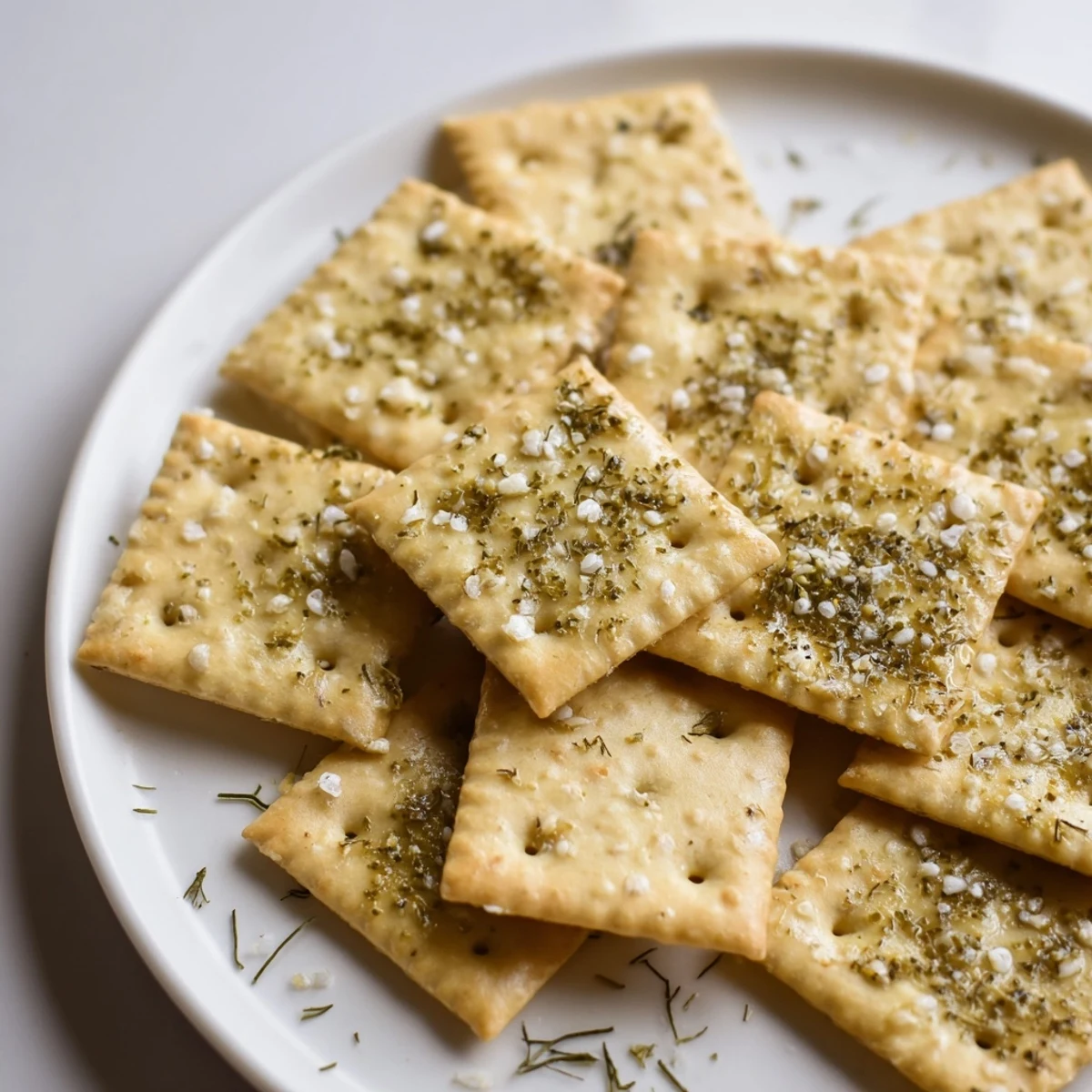 Close-up of crispy, herb-speckled crackers on parchment, Dill Pickle Saltines Recipe