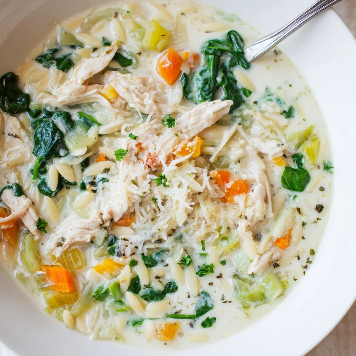 Brimming with tender chicken and spinach, Creamy Chicken Florentine Soup With Orzo