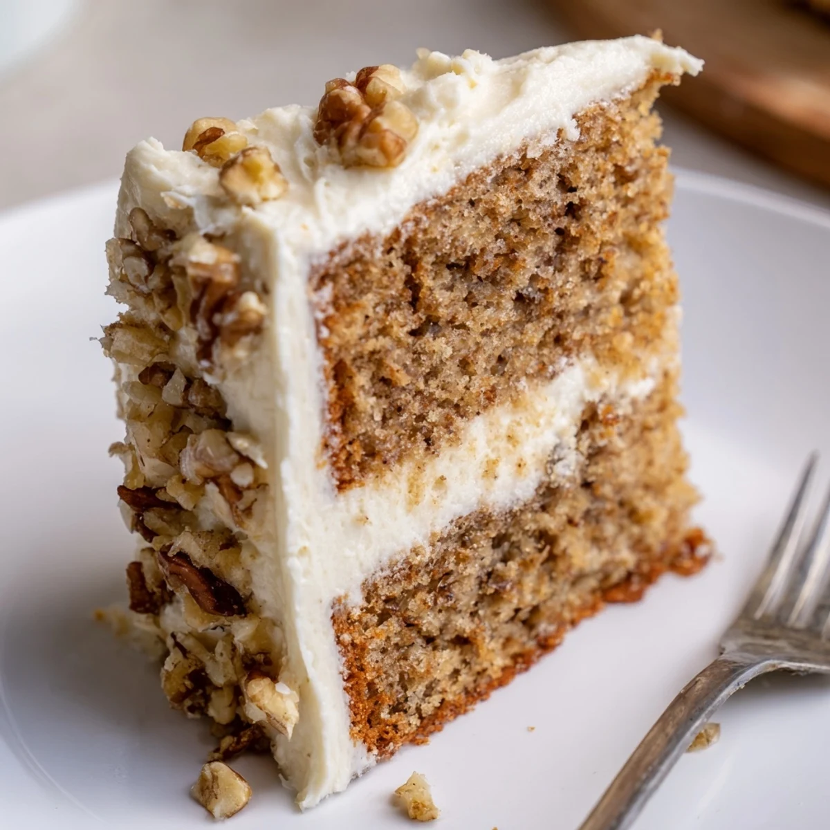 Fork-ready slice of Moist Banana Cake on plate, warm, buttery banana flavor.