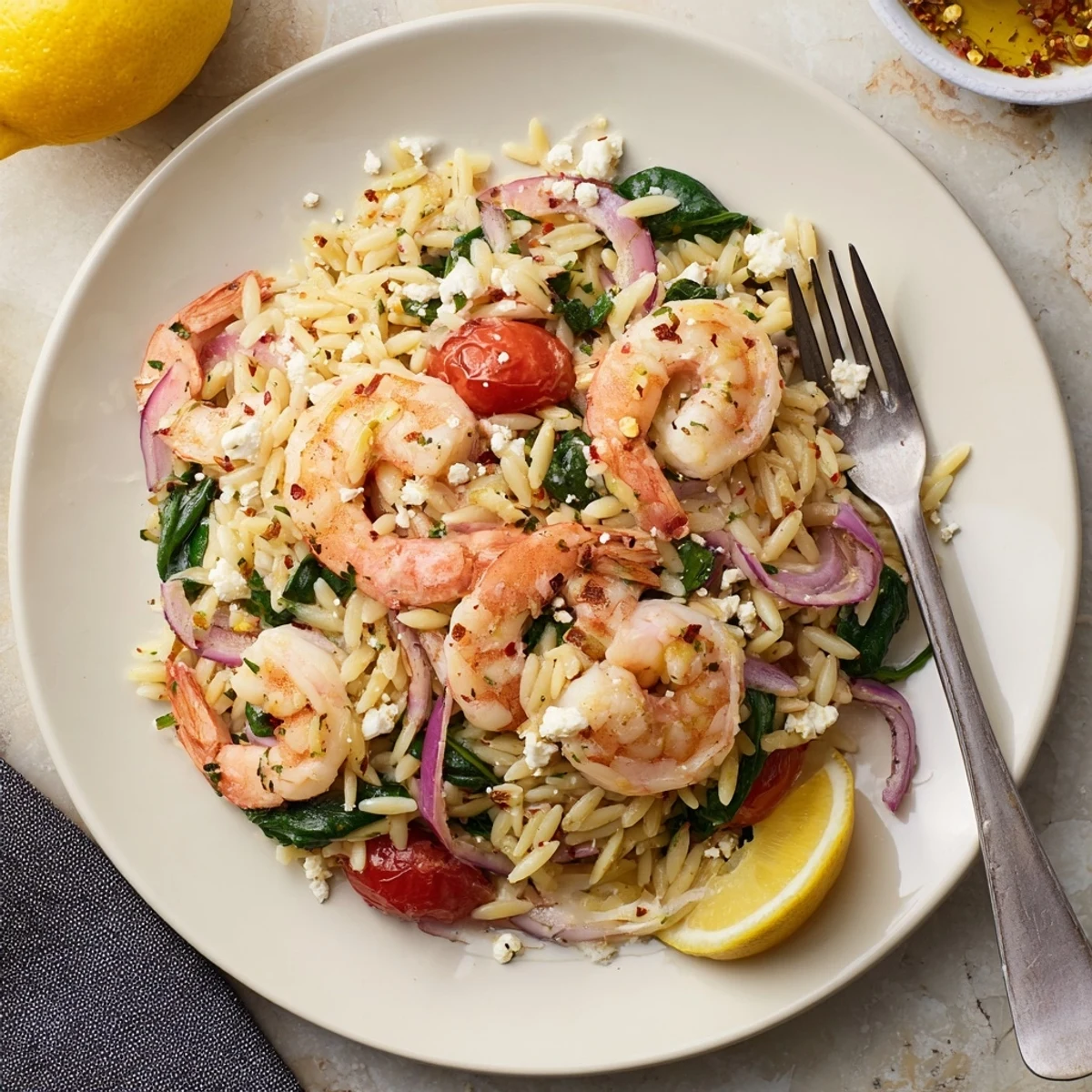 Lemon Feta Orzo Shrimp Recipe: tender shrimp, bright lemon, creamy feta tossed  