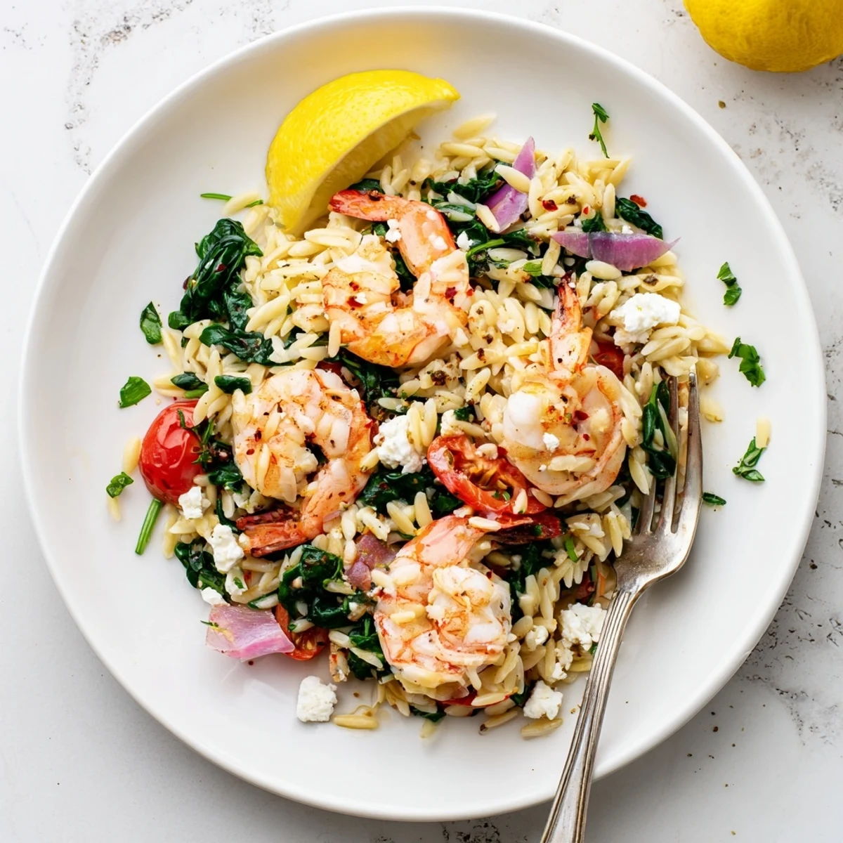 Skillet Lemon Feta Orzo Shrimp Recipe with wilted spinach and cherry tomatoes  