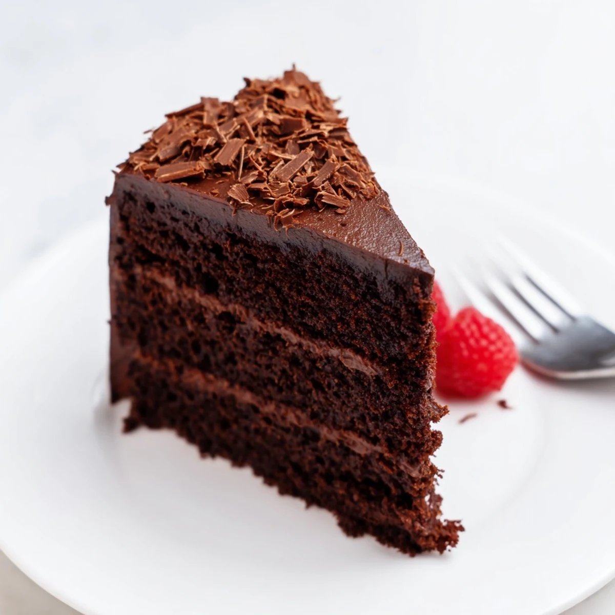 Chocolate Cake Recipe: moist layers frosted with glossy chocolate, served with berries