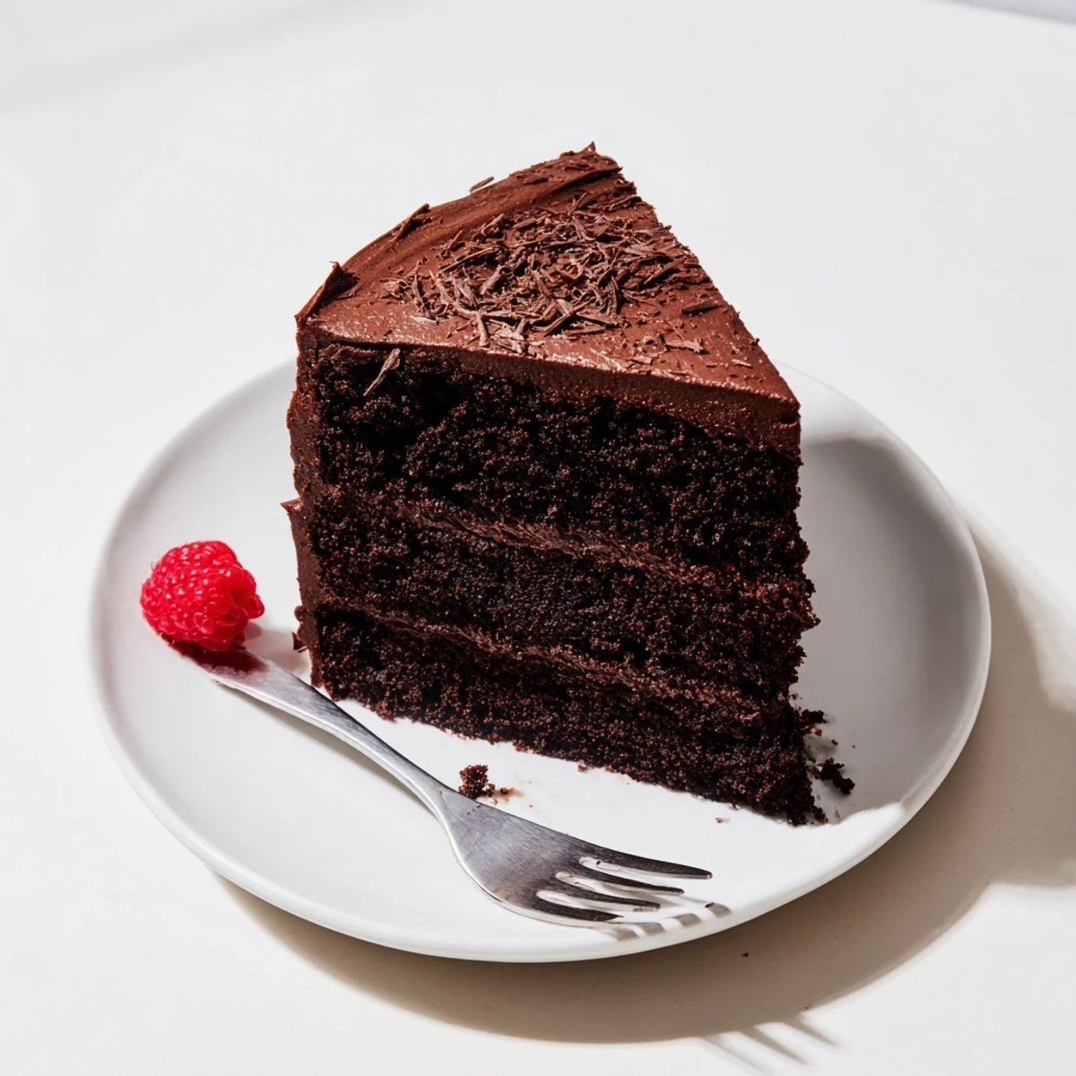 Slice of Chocolate Cake Recipe on a plate, dense crumb and silky frosting