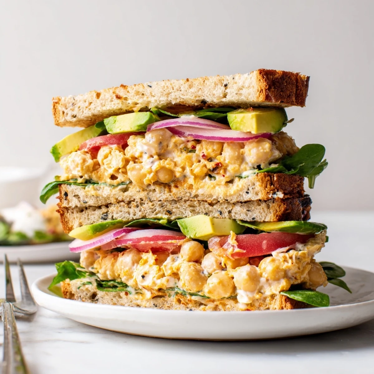 Toasted Smoky Chickpea Sandwich piled with tomato, arugula, and creamy sauce.