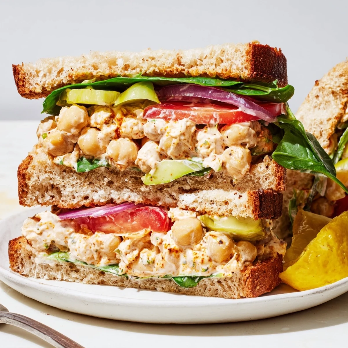 Savory Smoky Chickpea Sandwich layered with sliced tomato, crunchy red onion.