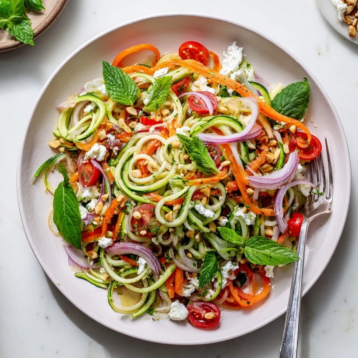 Fresh spiralized zucchini salad bowl topped with vegetables and zesty lemon lime dressing