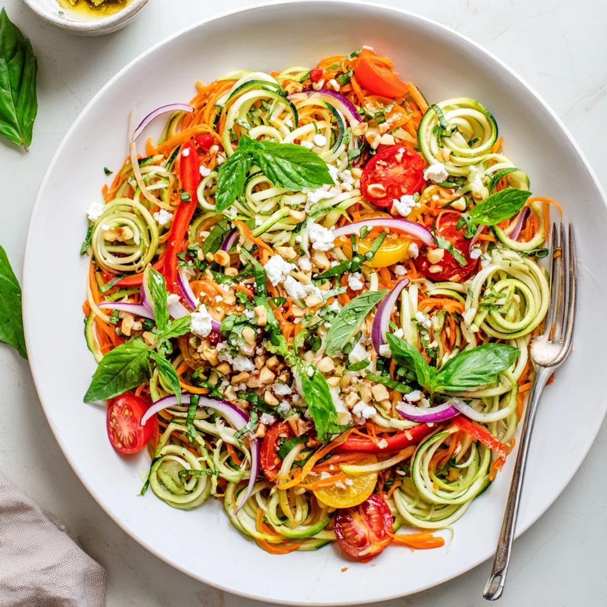 Colorful zucchini noodle salad with cherry tomatoes and bell peppers in citrus dressing
