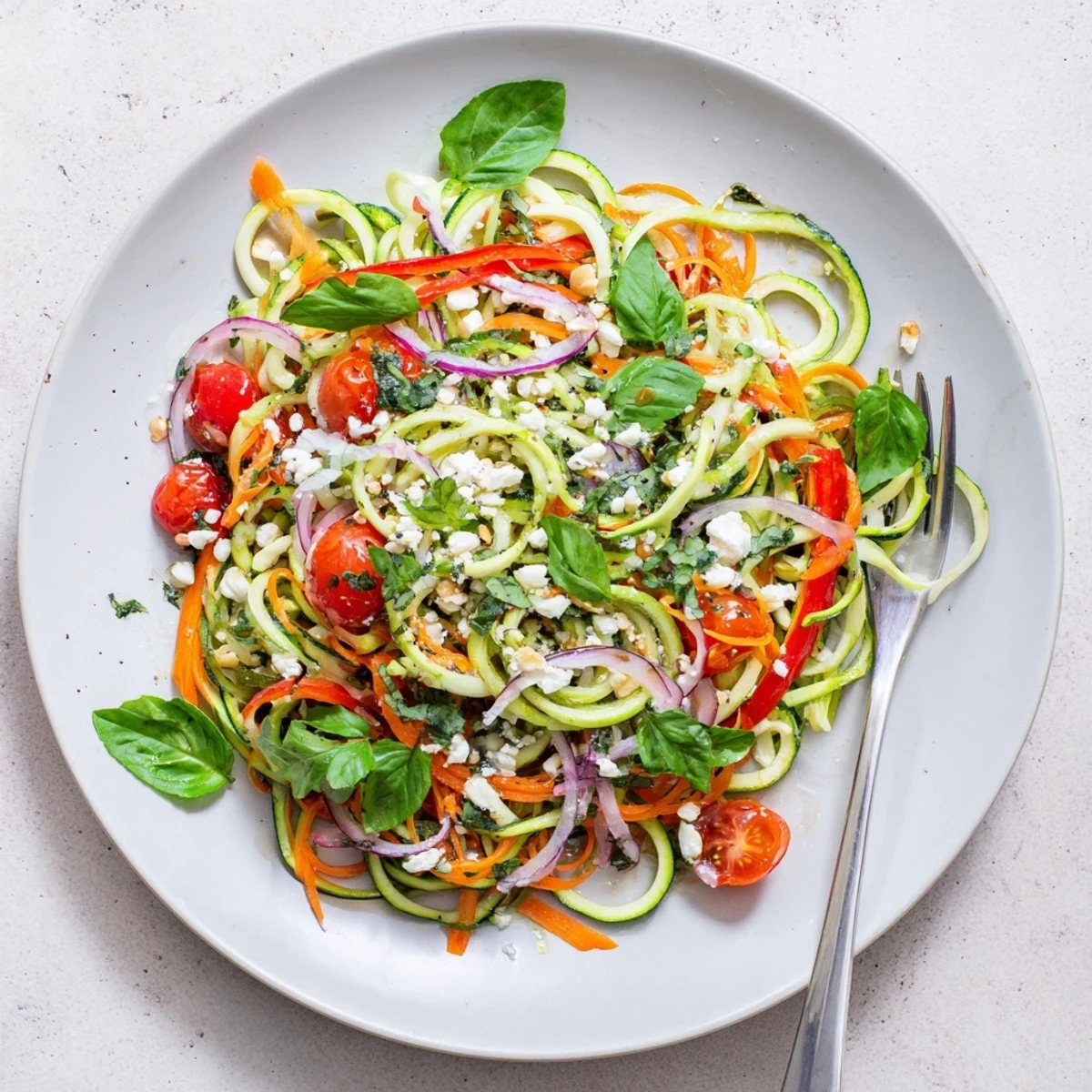 Vibrant raw zucchini noodle salad with mint, basil, and crisp summer vegetables
