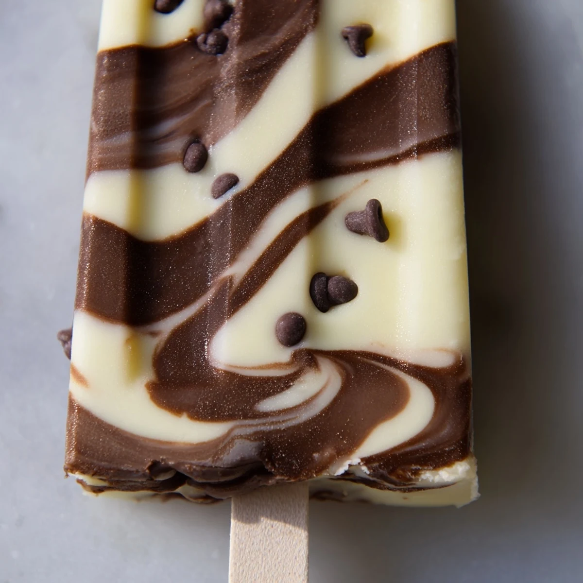 Creamy chocolate banana bliss popsicles with swirling dark chocolate ribbons on wooden sticks