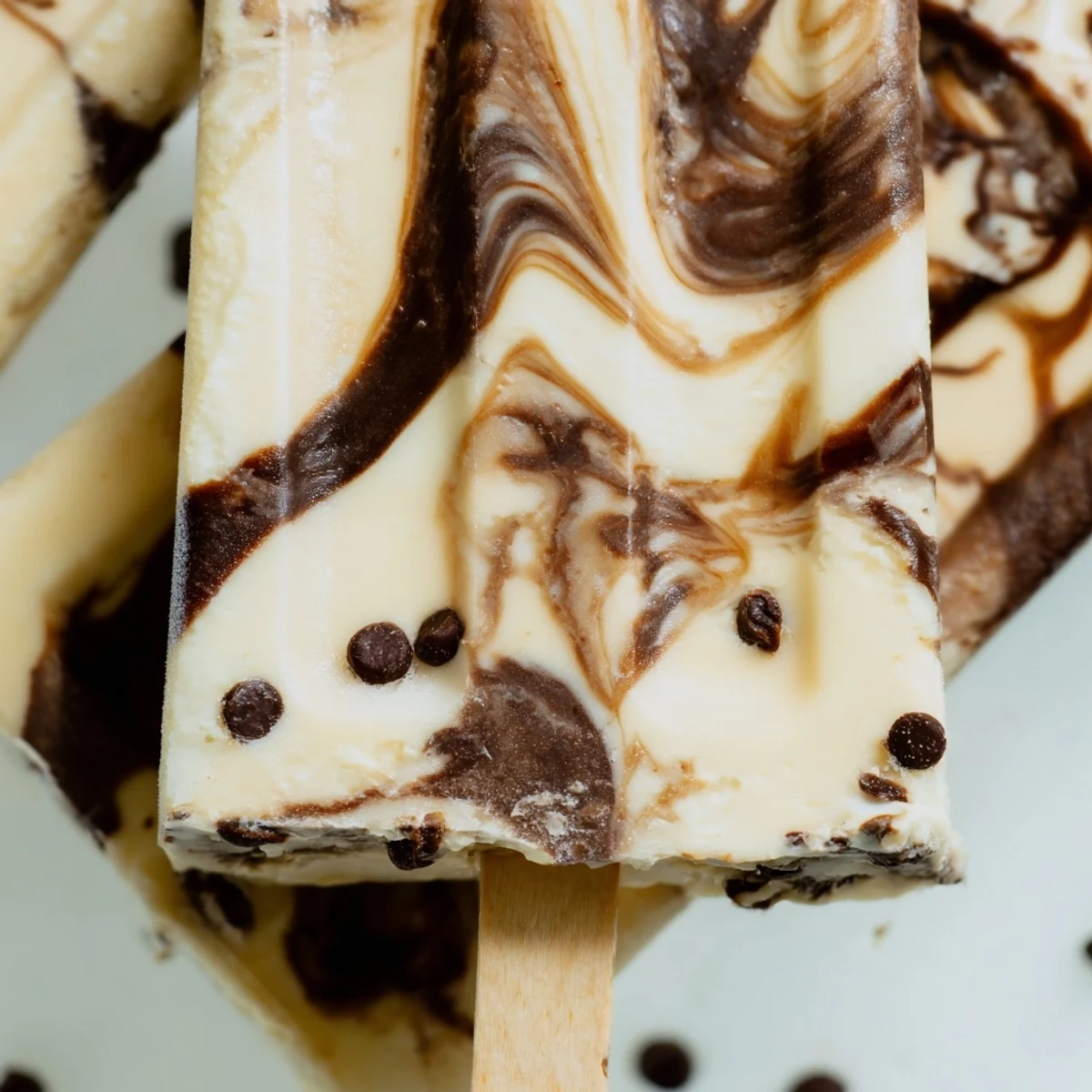 Frozen chocolate banana bliss popsicles showing marbled chocolate and banana layers in molds