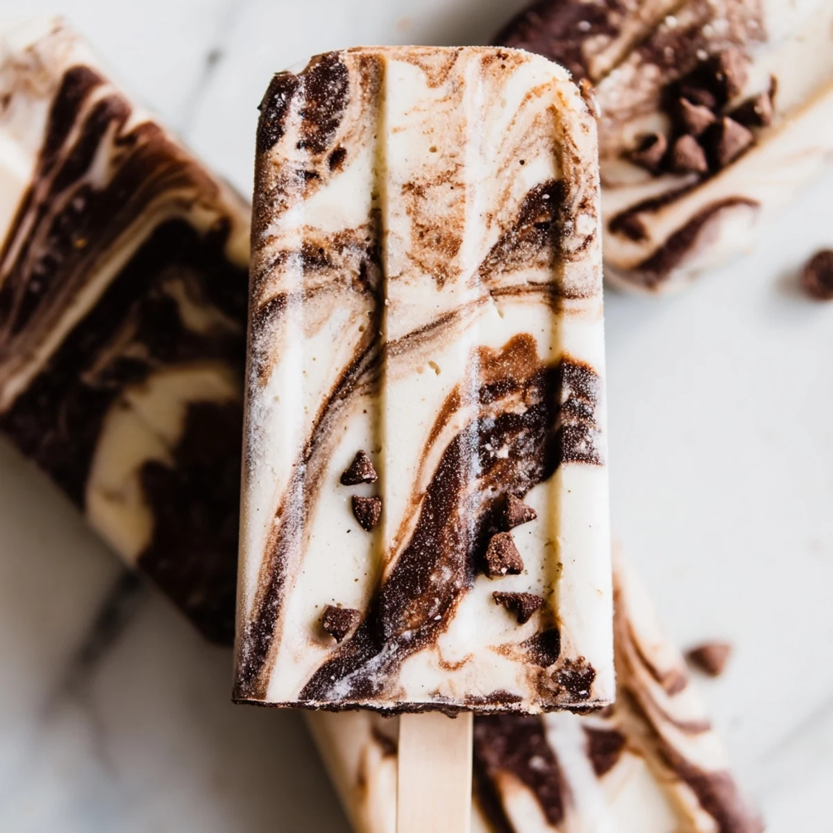 Handheld chocolate banana bliss popsicles with glossy chocolate drizzle and optional nut toppings