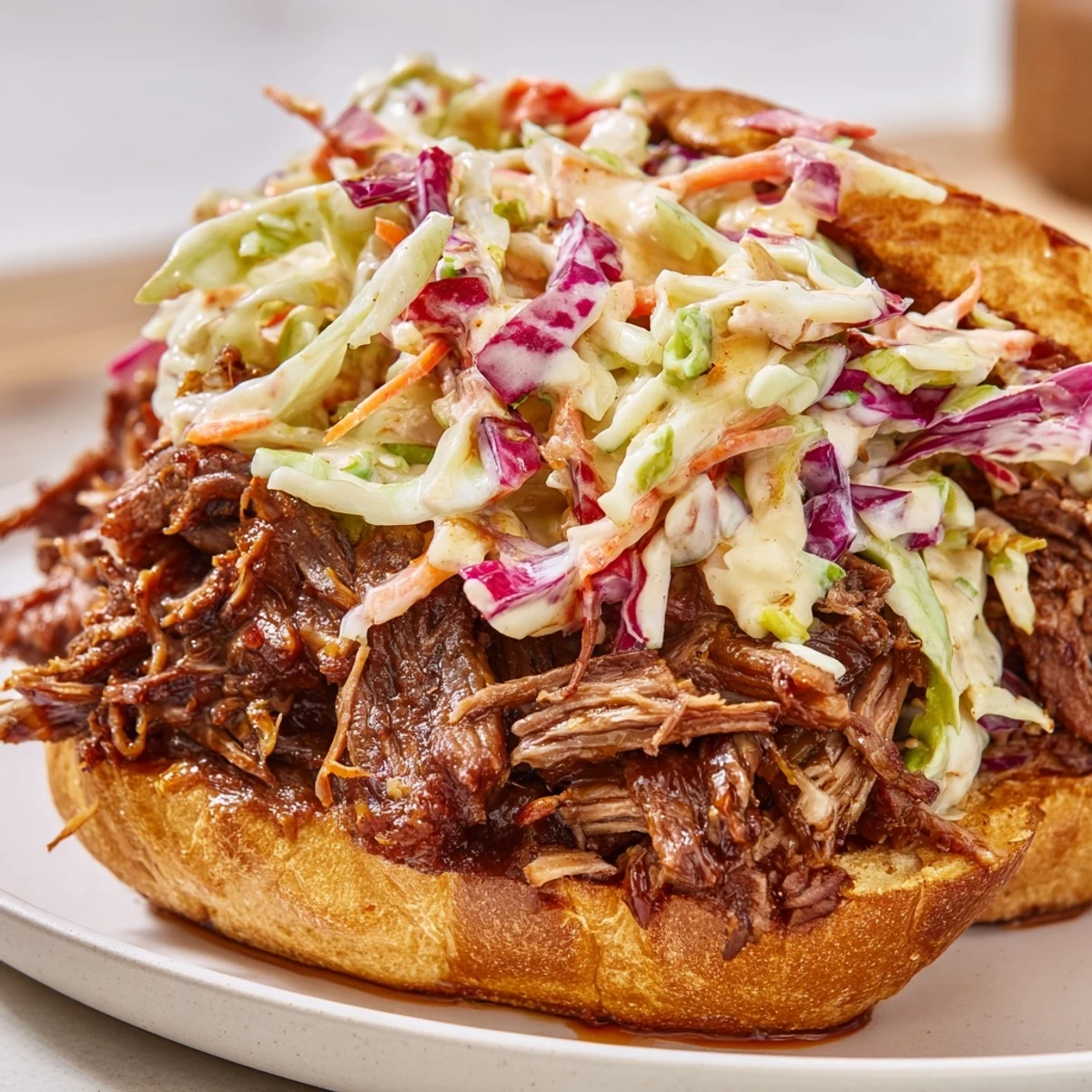 Hearty American beef sandwich featuring smoky pulled meat and fresh homemade coleslaw topping