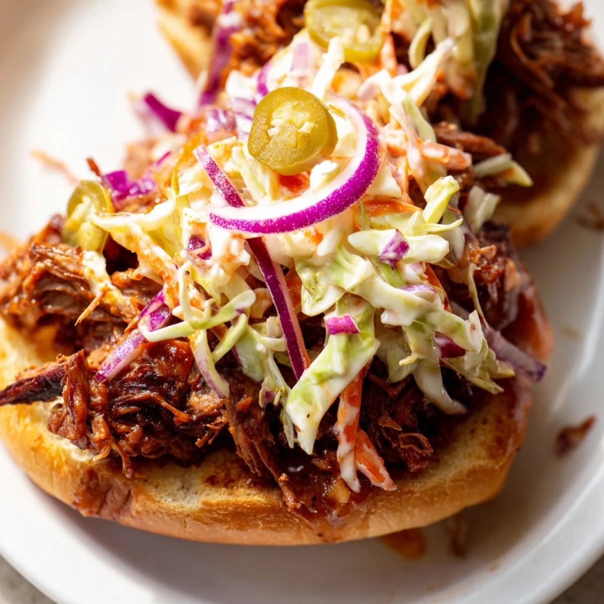 Tender slow-cooked shredded beef with tangy BBQ sauce topped with crisp vegetable coleslaw