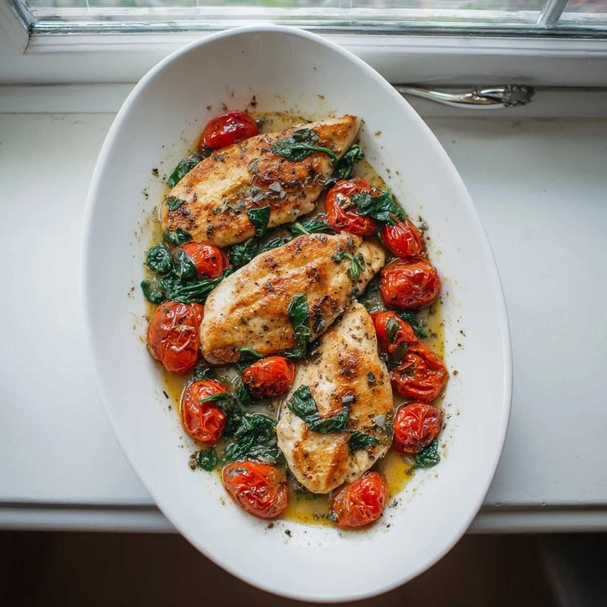 Golden seared chicken breasts nestled in a creamy white wine sauce with wilted spinach and bursting cherry tomatoes
