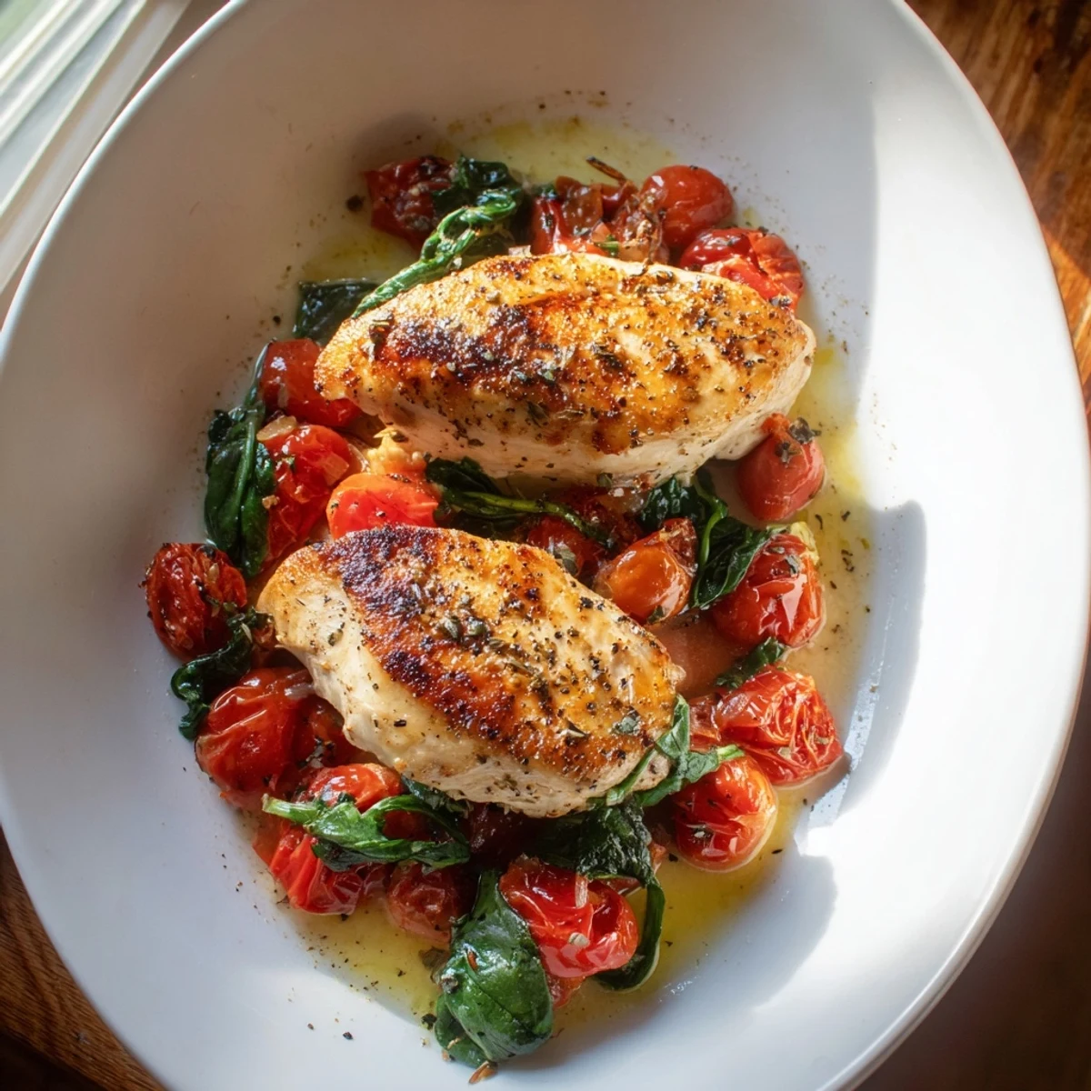 Tender chicken simmered in aromatic white wine sauce alongside fresh spinach and sweet roasted cherry tomatoes