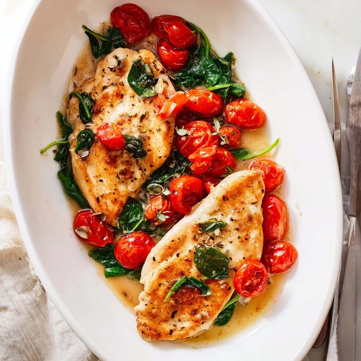 Mediterranean-style tomato spinach white wine chicken plated with rustic crusty bread for soaking up the flavorful pan sauce
