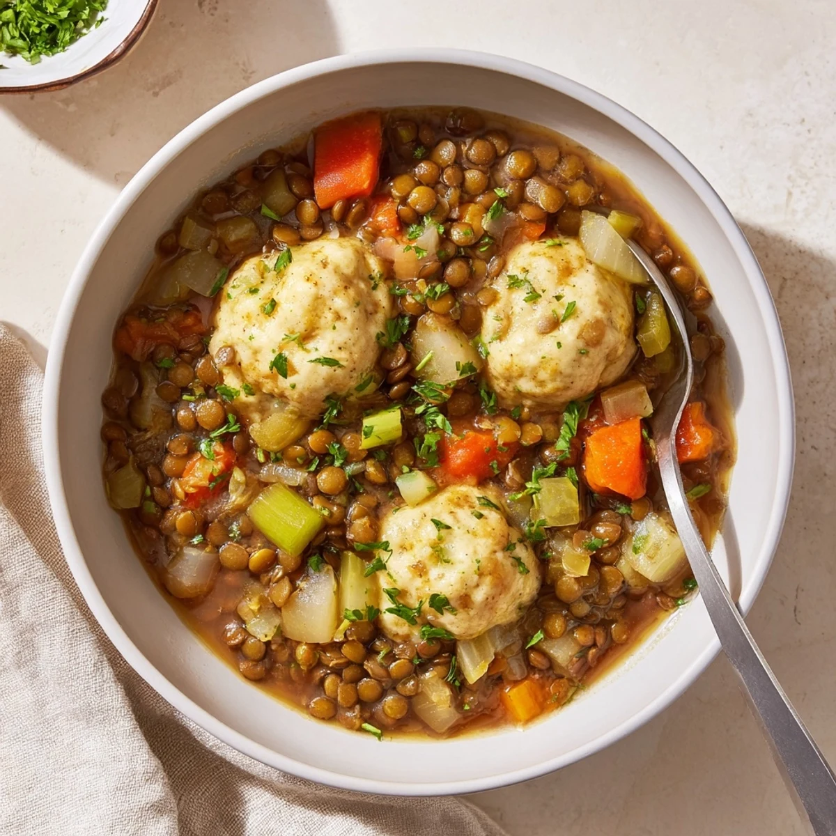 Golden brown lentils with dumplings simmering in a rich vegetable broth with fresh parsley garnish