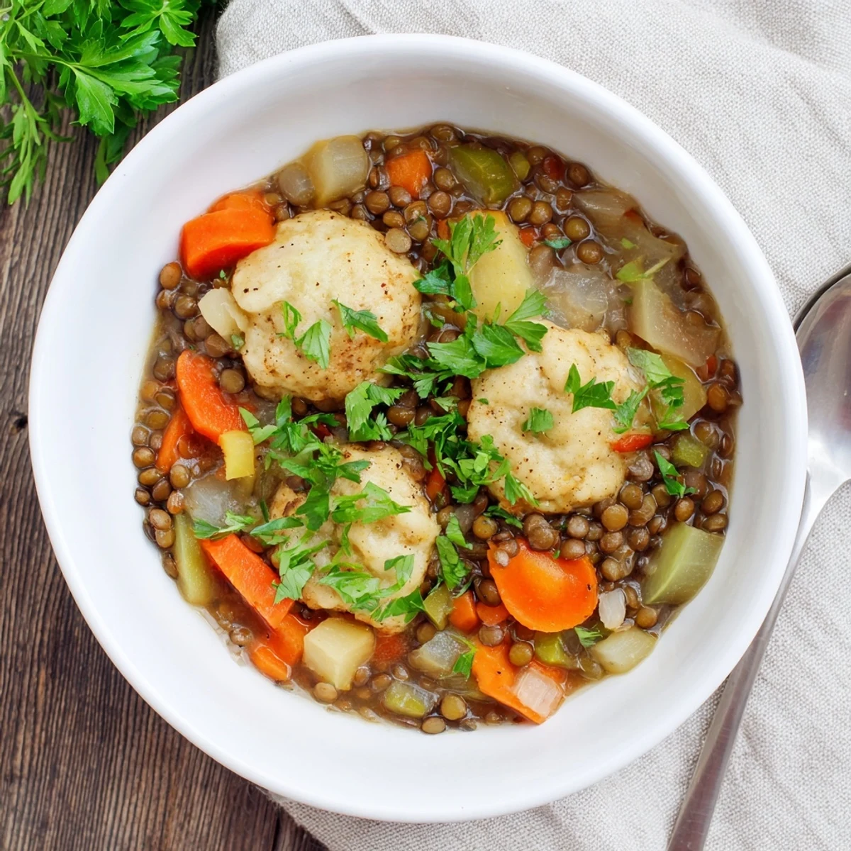 Fluffy steamed dumplings resting atop savory lentil stew in a rustic serving bowl