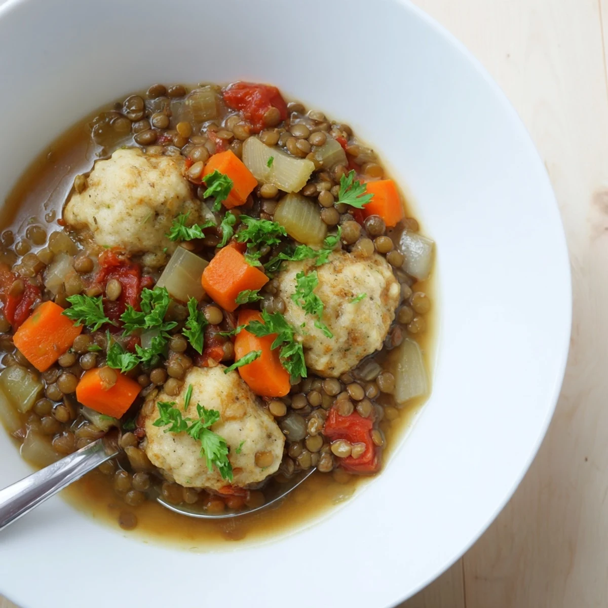 Comforting lentils with dumplings plated with crusty bread showcasing tender vegetables and fluffy toppings