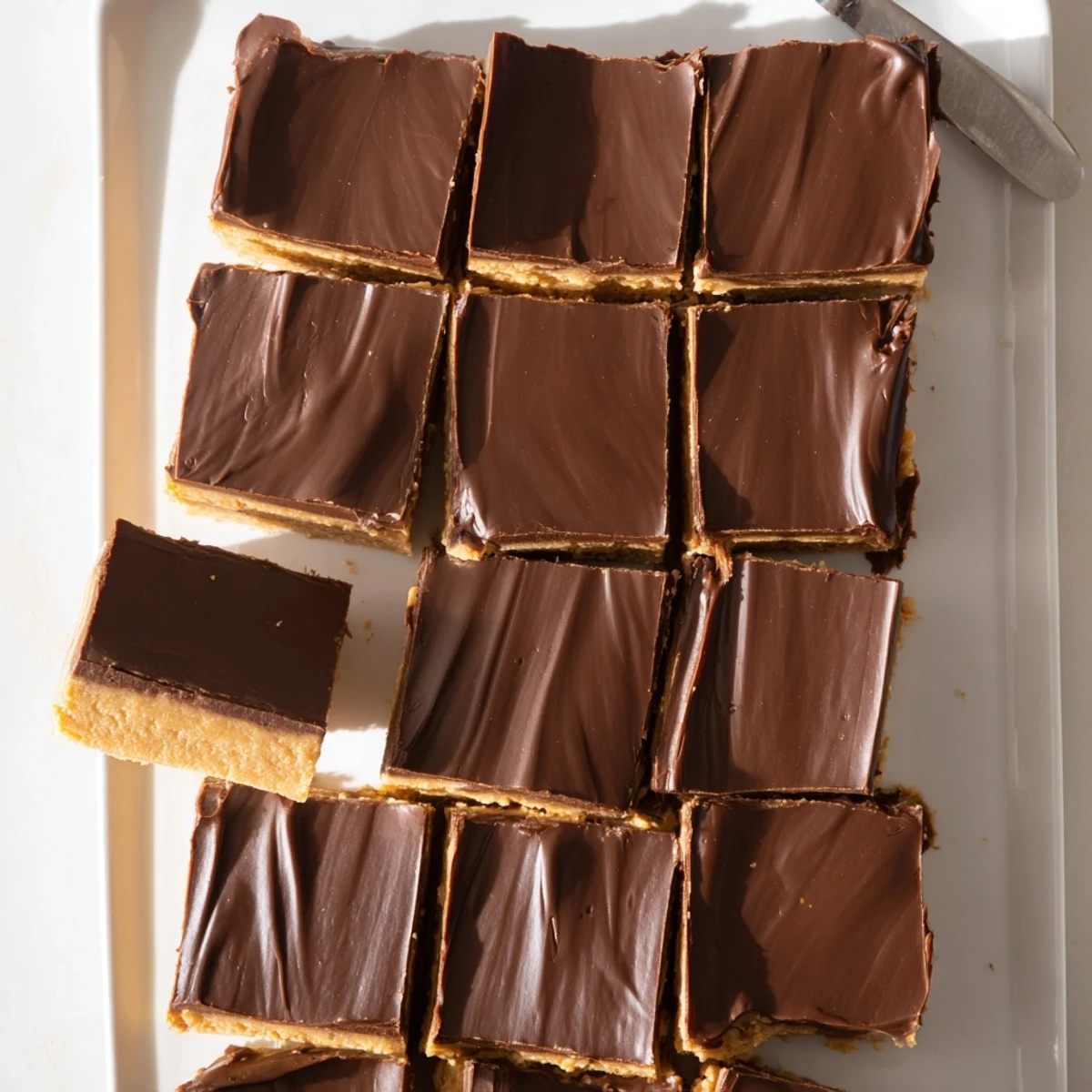 Golden peanut butter bars layered with glossy chocolate topping, cut into neat squares on a white plate
