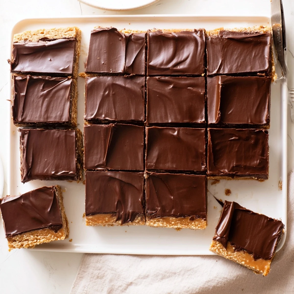 Chewy no-bake peanut butter bars showcasing swirls of melted chocolate and peanut drizzle on top