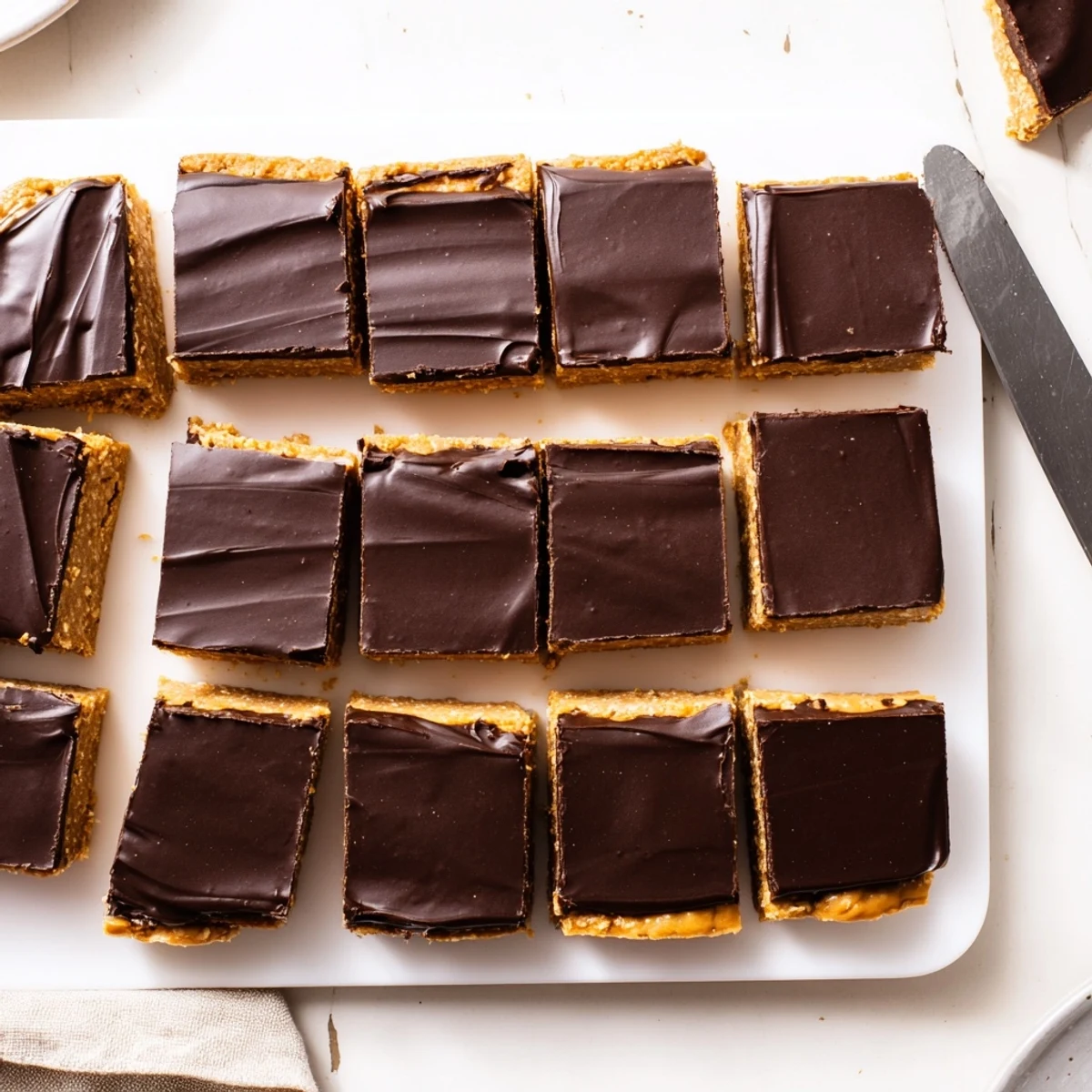 Rich peanut butter bars with smooth chocolate ganache frosting, displayed on a rustic wooden serving board