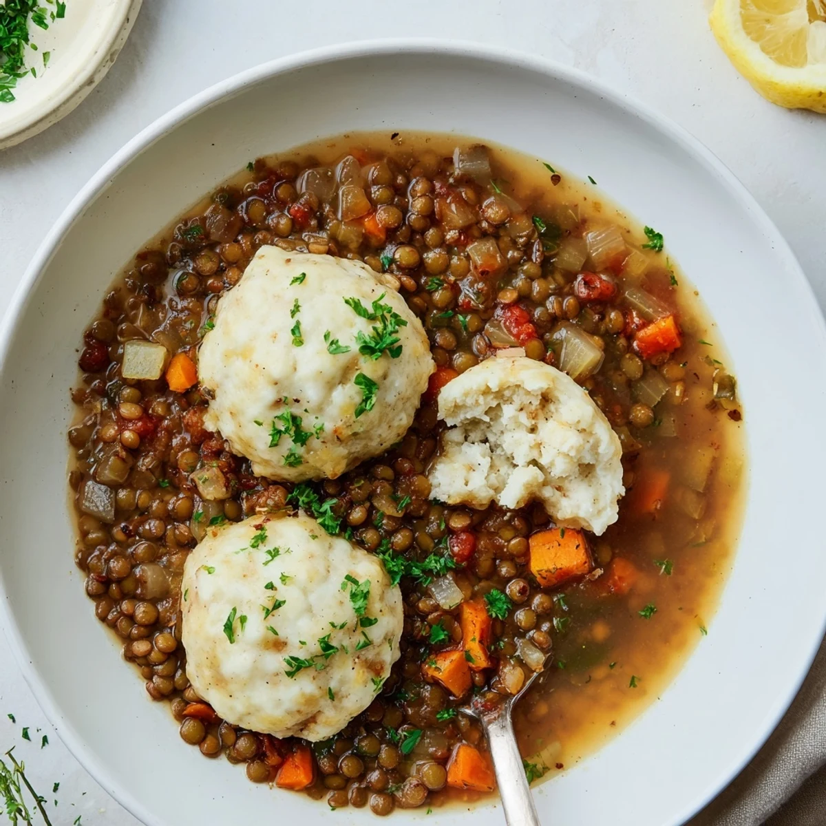 Hearty pot of Lentils With Dumplings garnished with parsley and lemon  