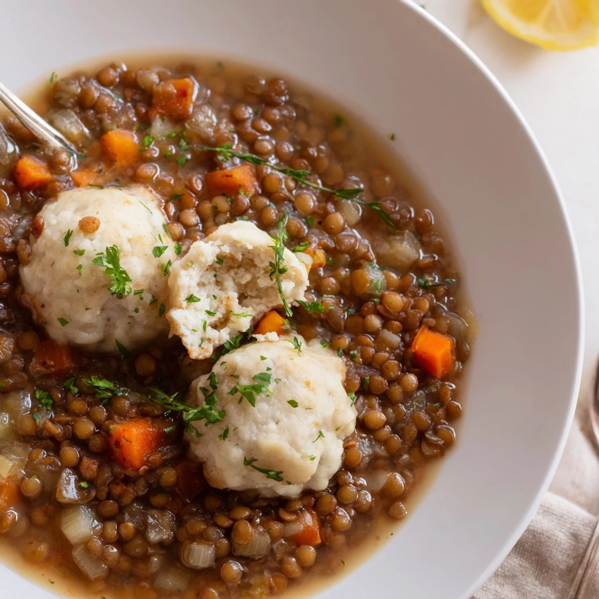 Steaming bowl of Lentils With Dumplings, savory broth and pillowy bites  