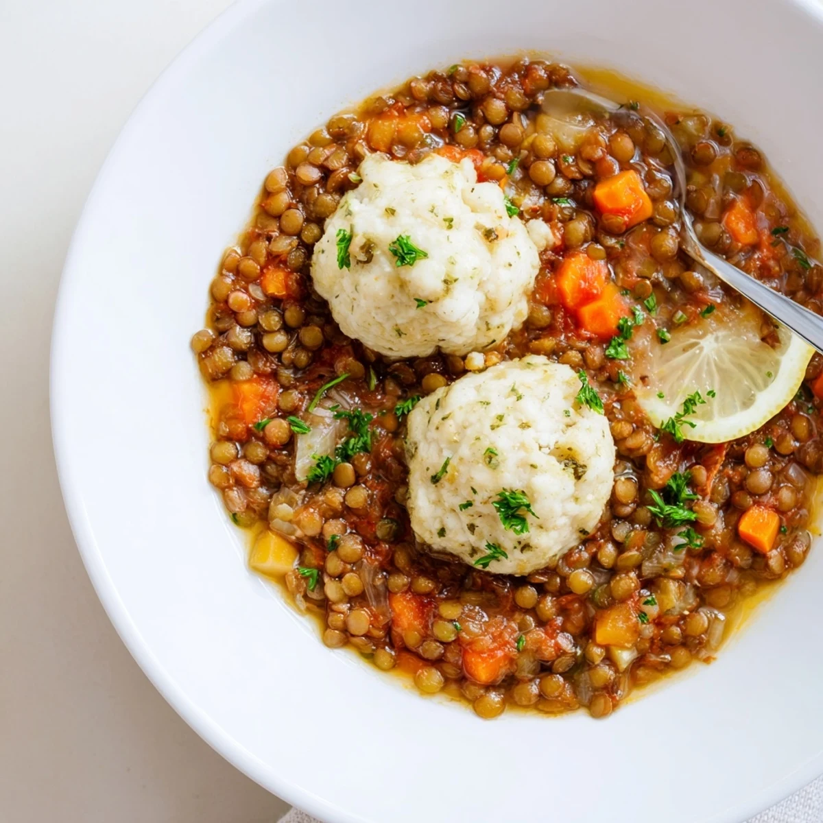Close up of bubbling Lentils With Dumplings topped with fresh parsley, ready to serve