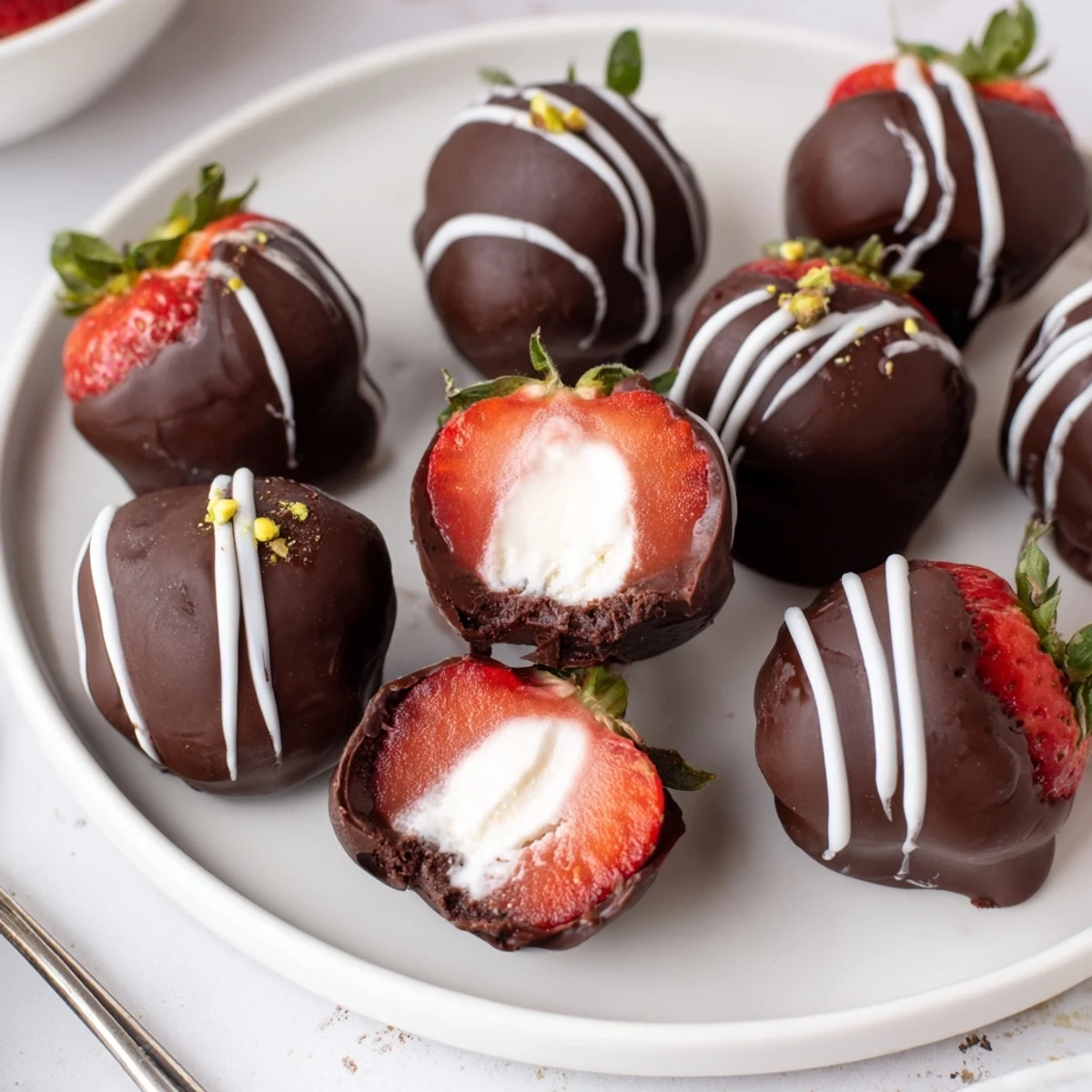 Strawberry Bombs with glossy chocolate shell, creamy vanilla filling, perfect for parties