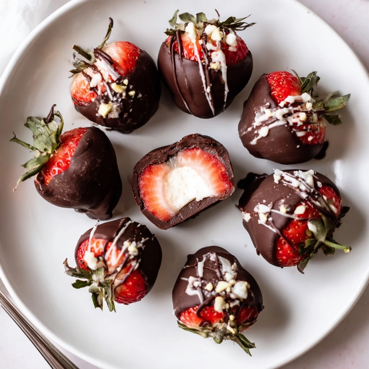 Close-up of Strawberry Bombs on parchment, pistachio sprinkle, chilled and glistening