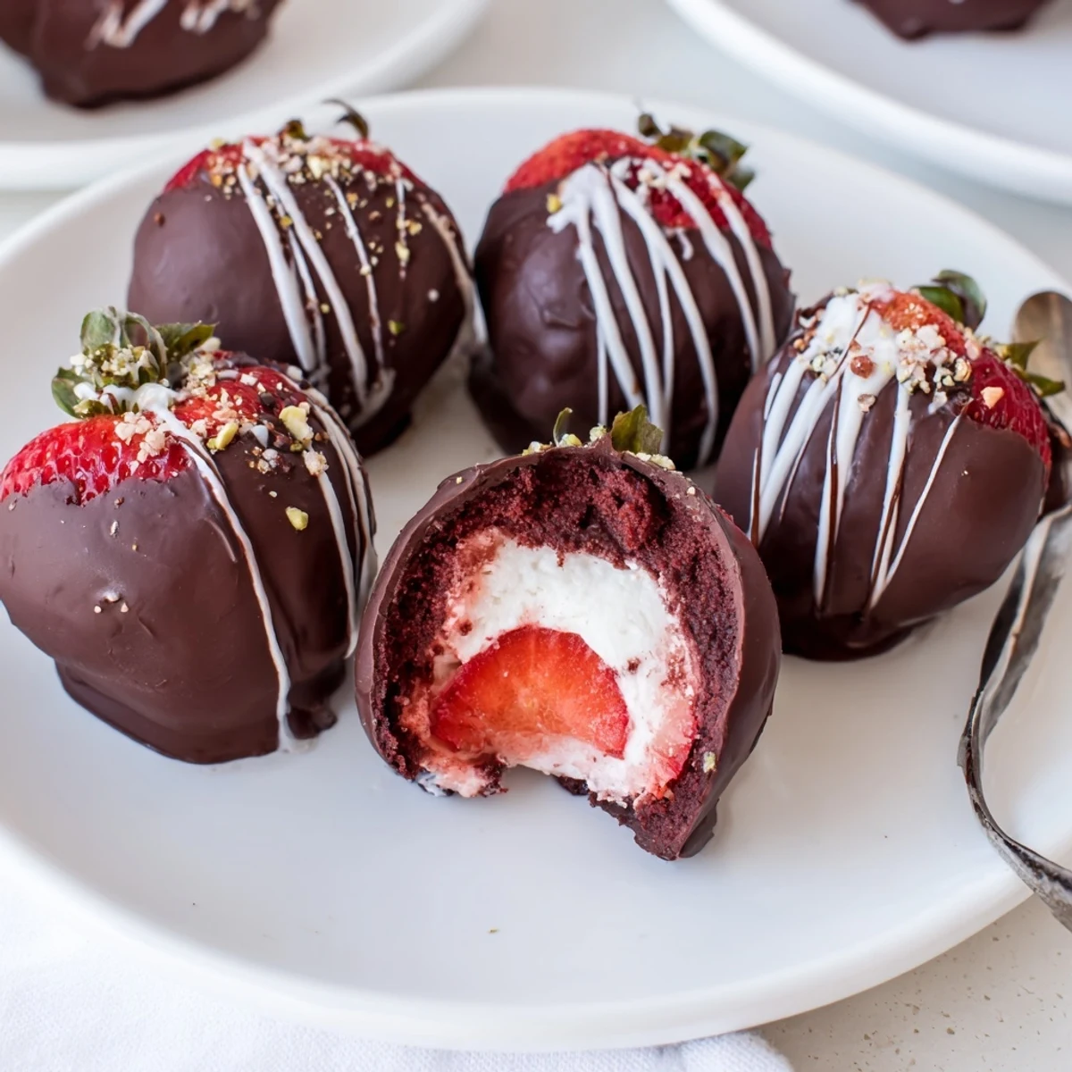 Plate of Strawberry Bombs served cold, hollowed centers piped with cream, dark chocolate