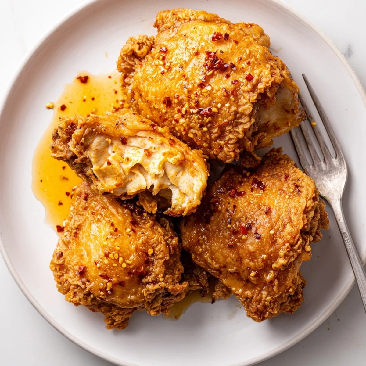 Spicy Honey Butter Fried Chicken served hot with tangy pickles and slaw.