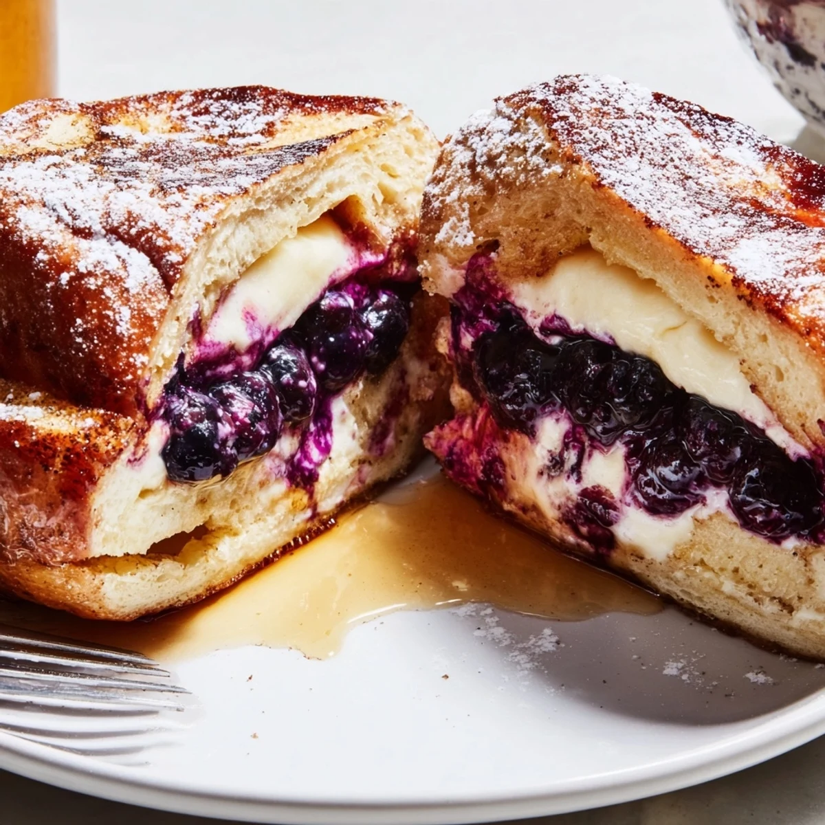 Golden blueberry cheesecake stuffed French toast drizzled with maple syrup on a white plate