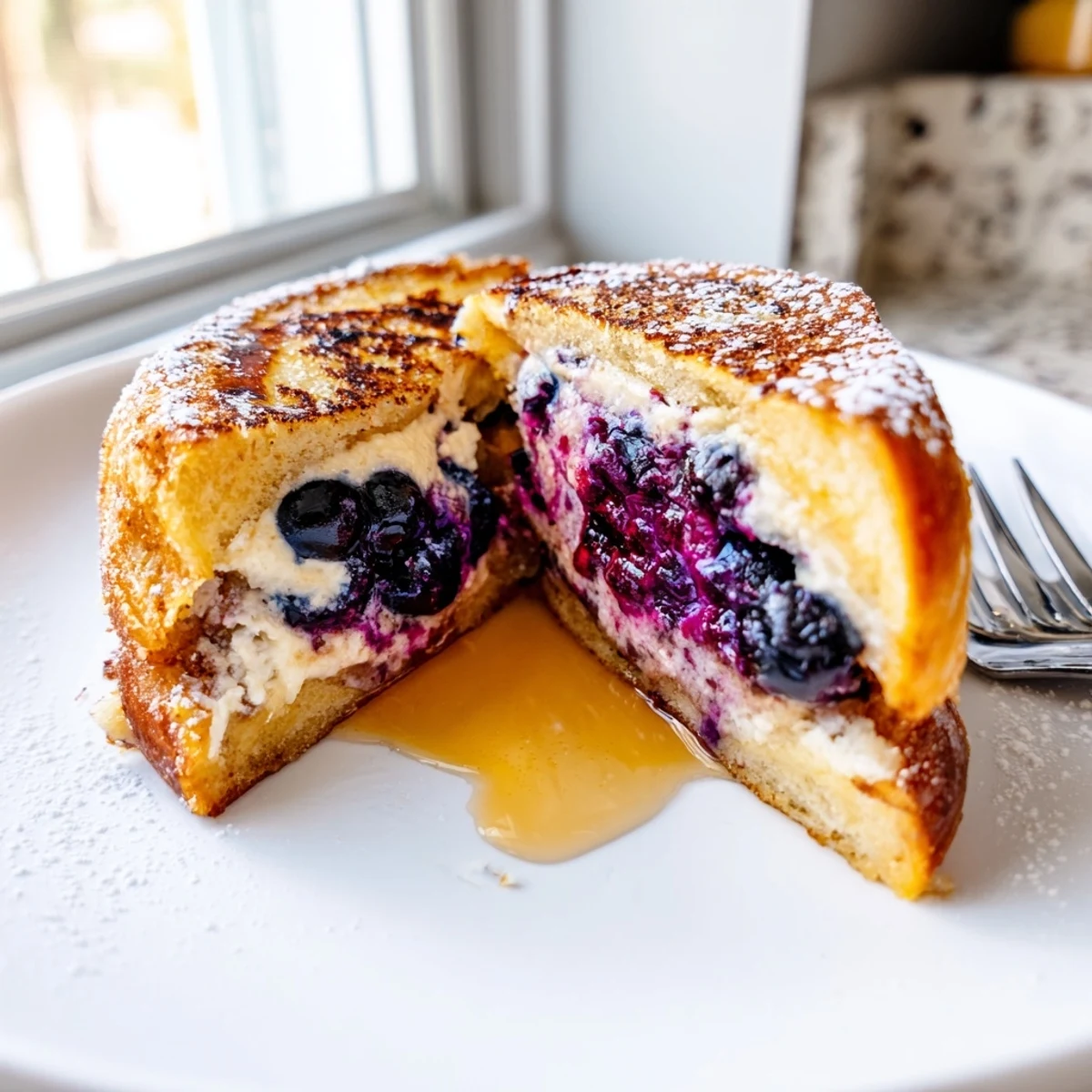 Stacked blueberry cheesecake stuffed French toast with powdered sugar and fresh berries on top