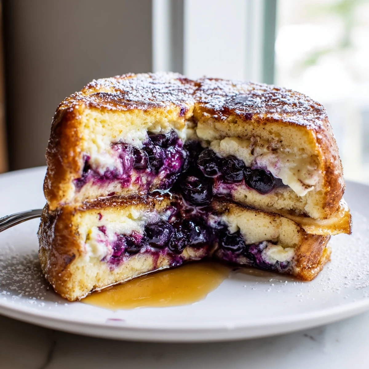 Crispy blueberry cheesecake stuffed French toast sliced open showing creamy cheesecake filling and juicy berries