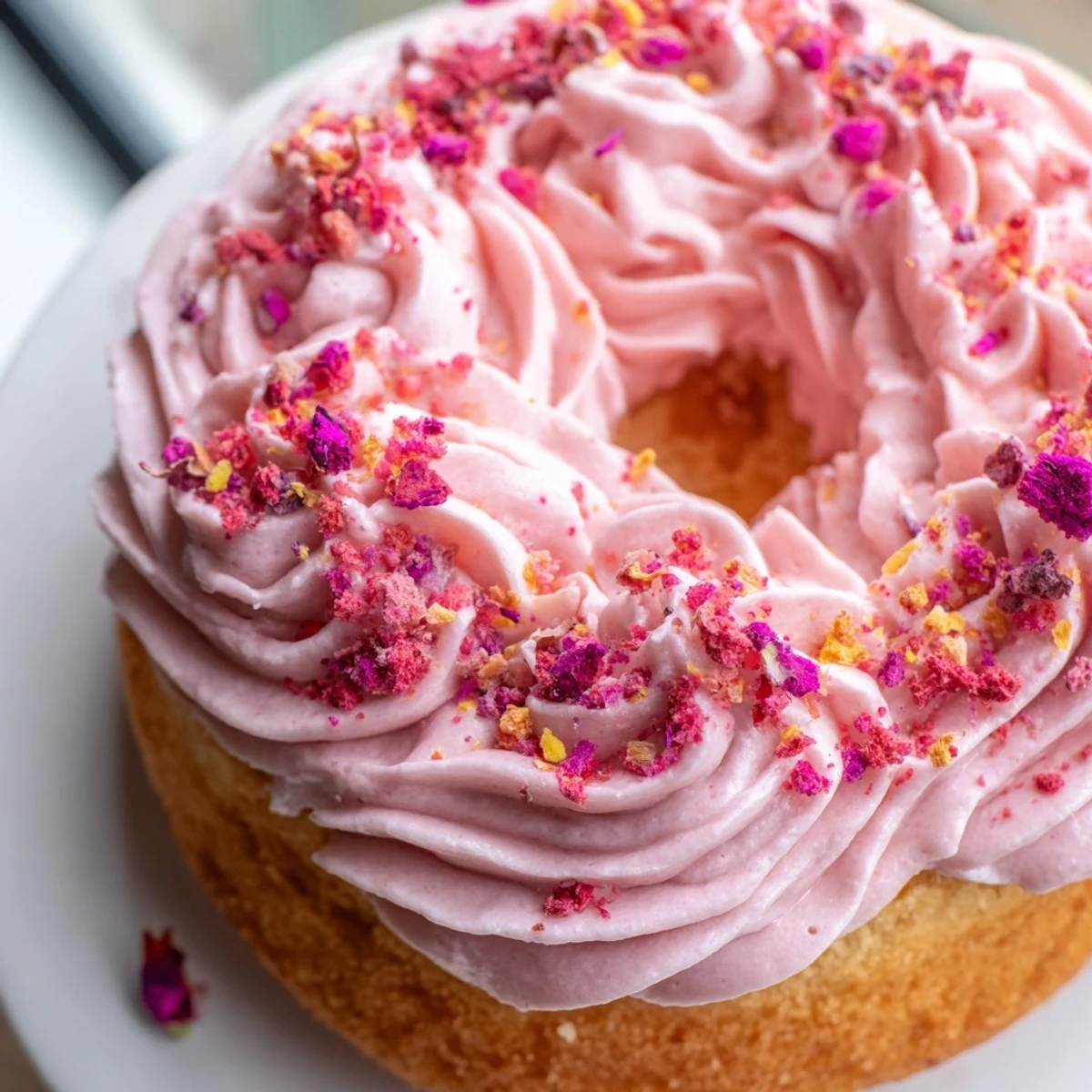 Pink strawberry buttercream frosted donuts topped with sprinkles on a rustic baking rack