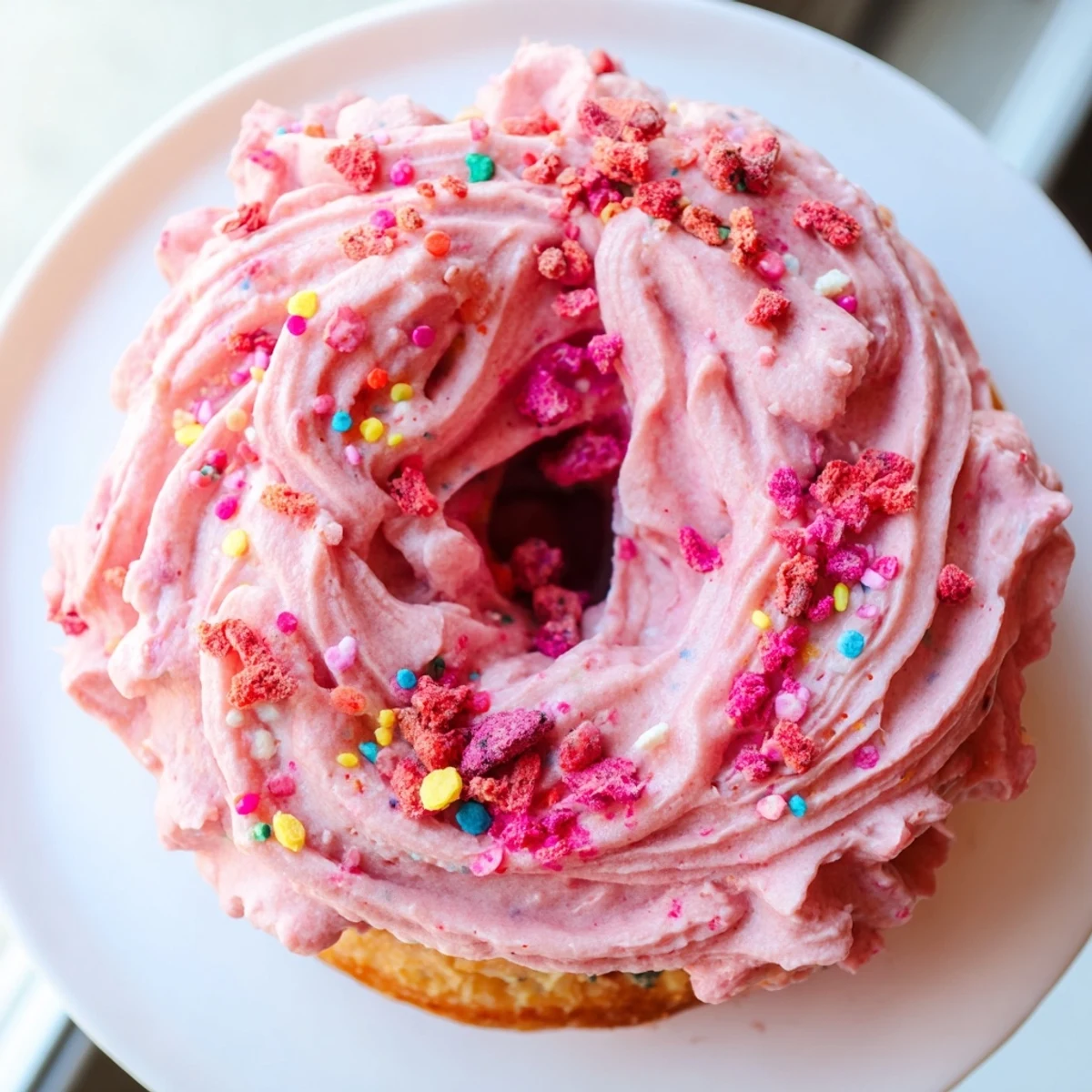 Fluffy baked strawberry buttercream frosted donuts piped with creamy pink frosting and garnished beautifully