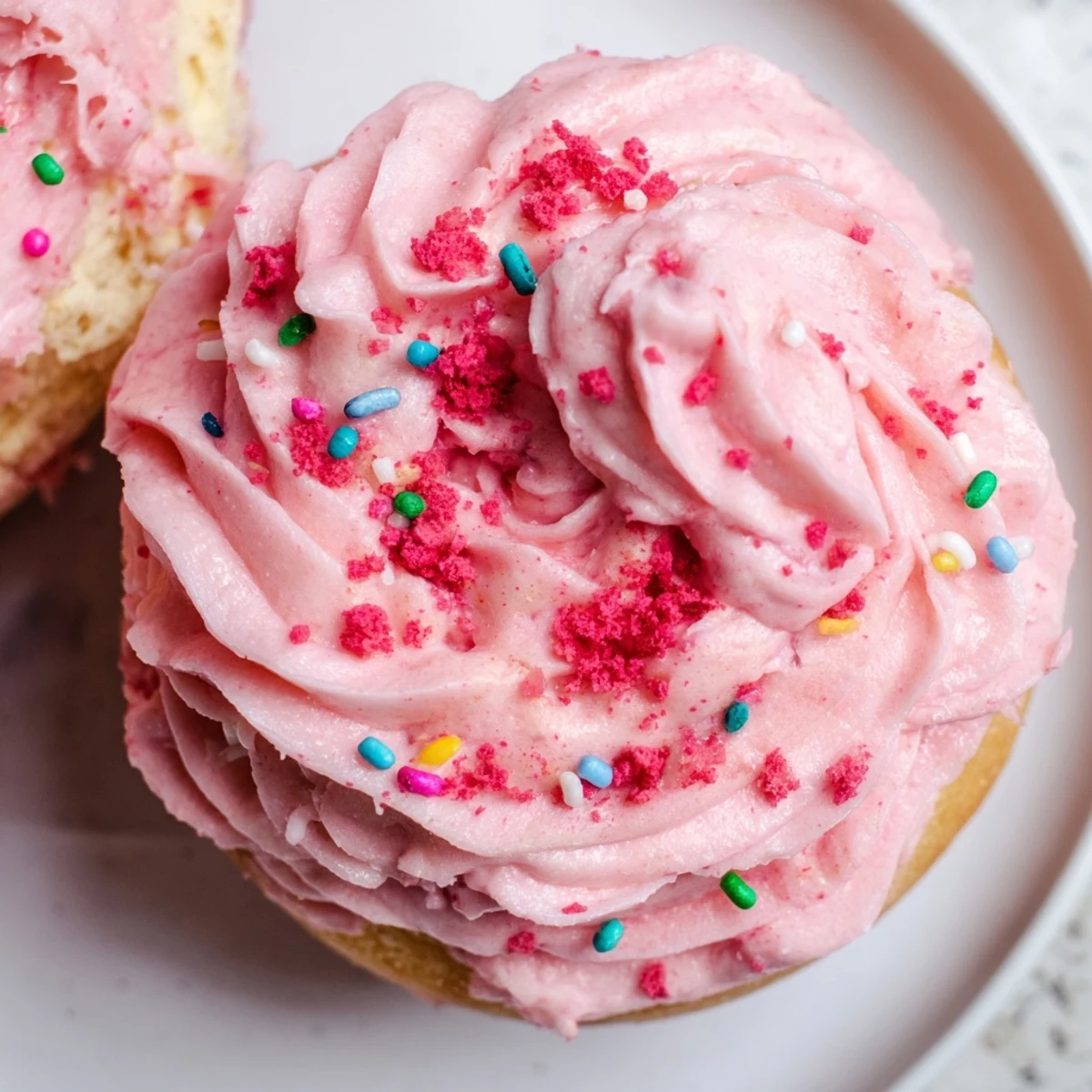 Golden strawberry buttercream frosted donuts arranged on a white plate for a sweet breakfast