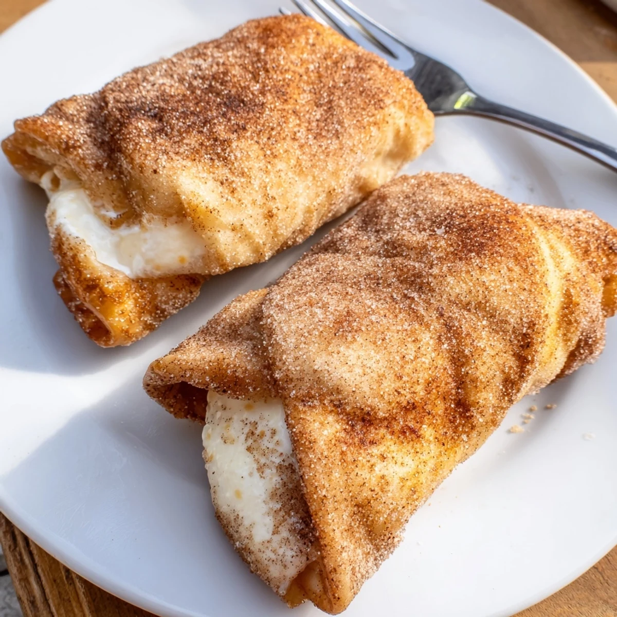 Close-up of cheesecake chimichangas with a crunchy tortilla shell and oozing cream cheese filling