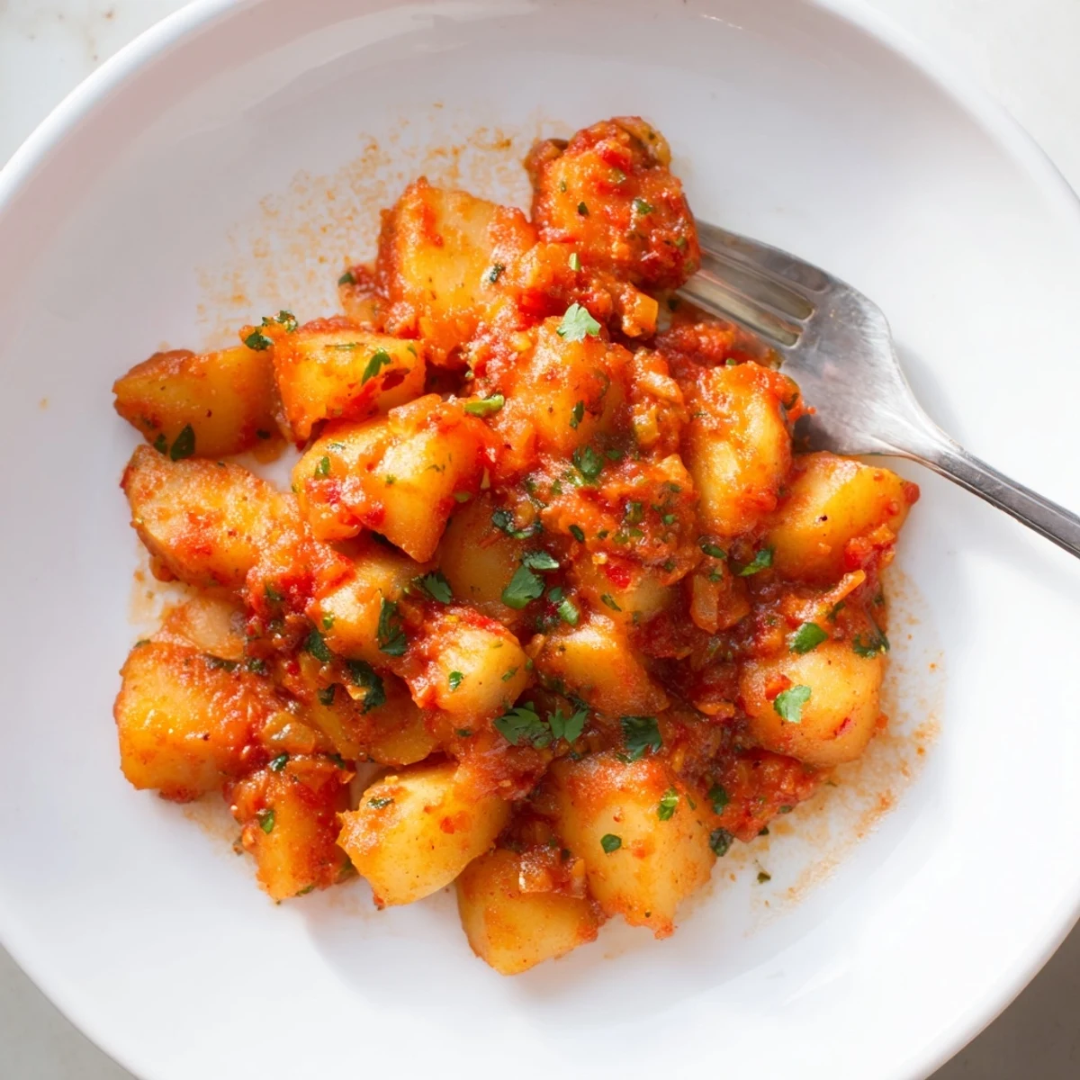 Golden papas con chile in a rich red sauce garnished with fresh cilantro