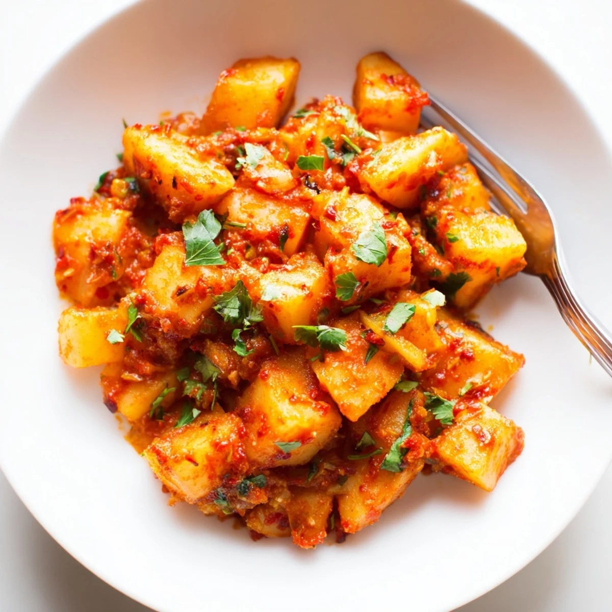 Tender papas con chile simmered in spicy tomato broth served steaming hot