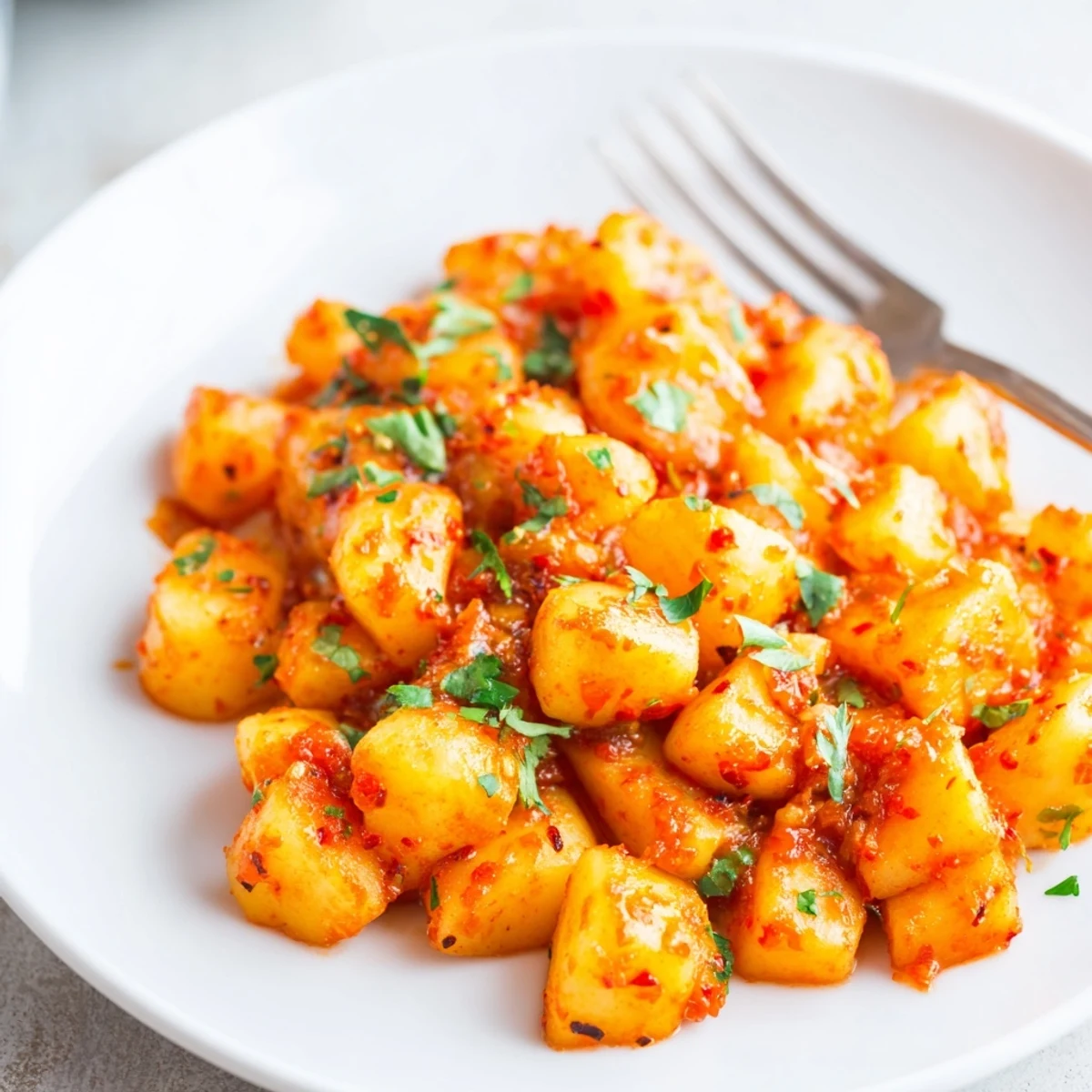 Crispy papas con chile topped with chopped cilantro in a cast iron skillet