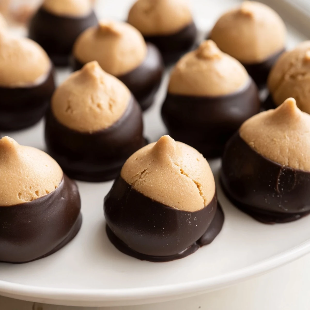 Creamy buckeye cookies with golden peanut butter tops dipped in glossy dark chocolate on a rustic baking sheet